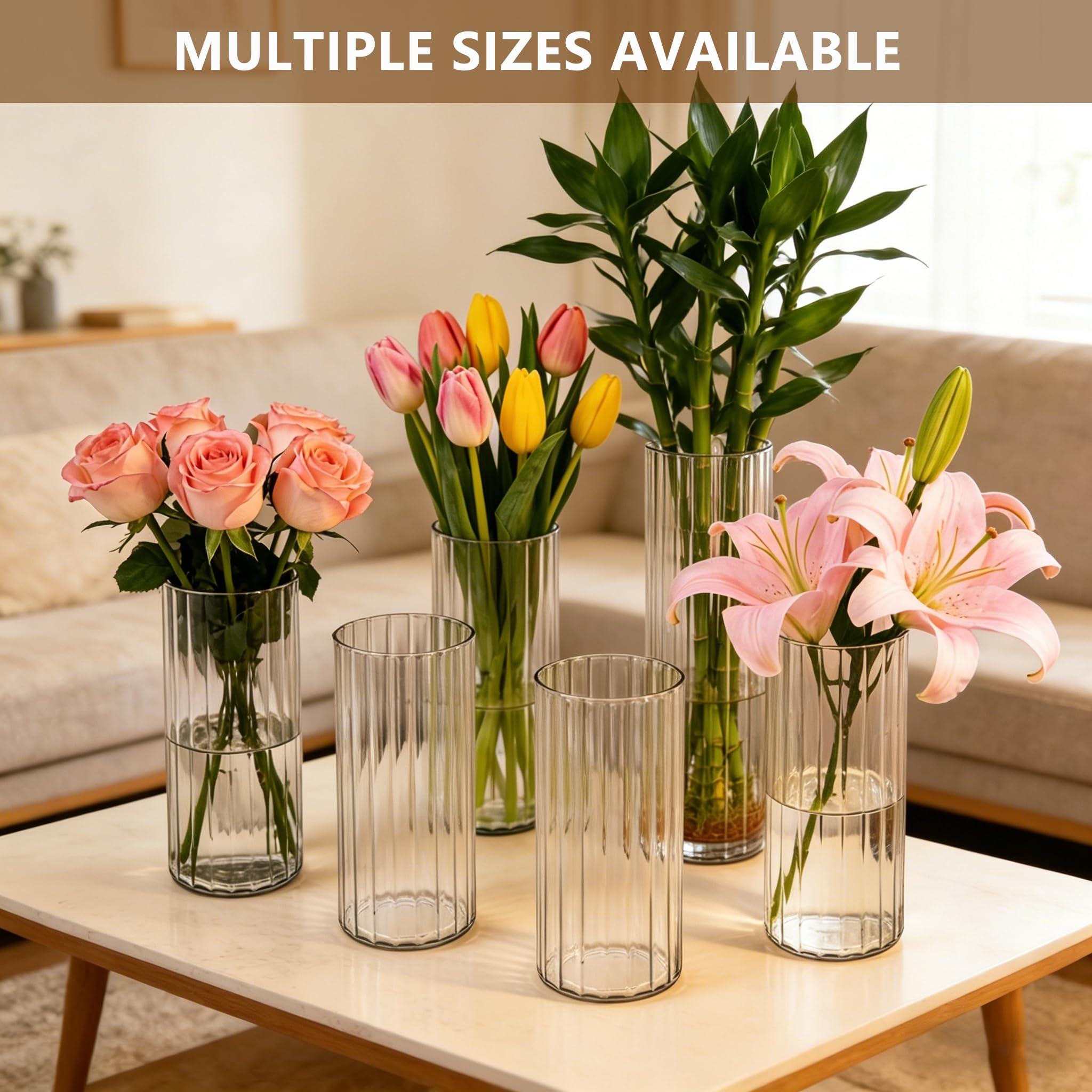 2er-Set Acrylvasen Transparent – Bruchsichere Kunststoff-Zylindervasen, Geriffelte Design Vasen Klar für Hochzeit, Tischdeko, Blumenarrangements, Wohnzimmer, Büro (10x30 & 12x35cm)