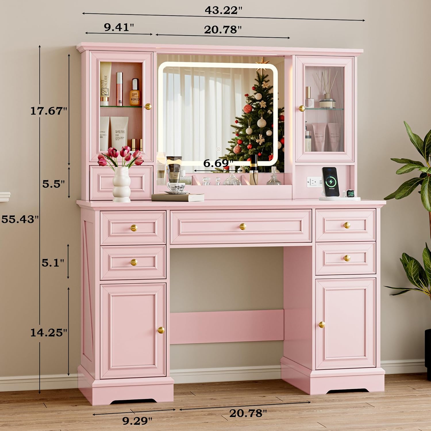 Vanity Desk with Lights, Large LED Mirror with 3 Color Modes, Makeup Vanity with Power Outlet & USB Ports, 6 Drawers & 2 RGB Glass Cabinets, Farmhouse Dressing Table for Women & Girls (Pink)