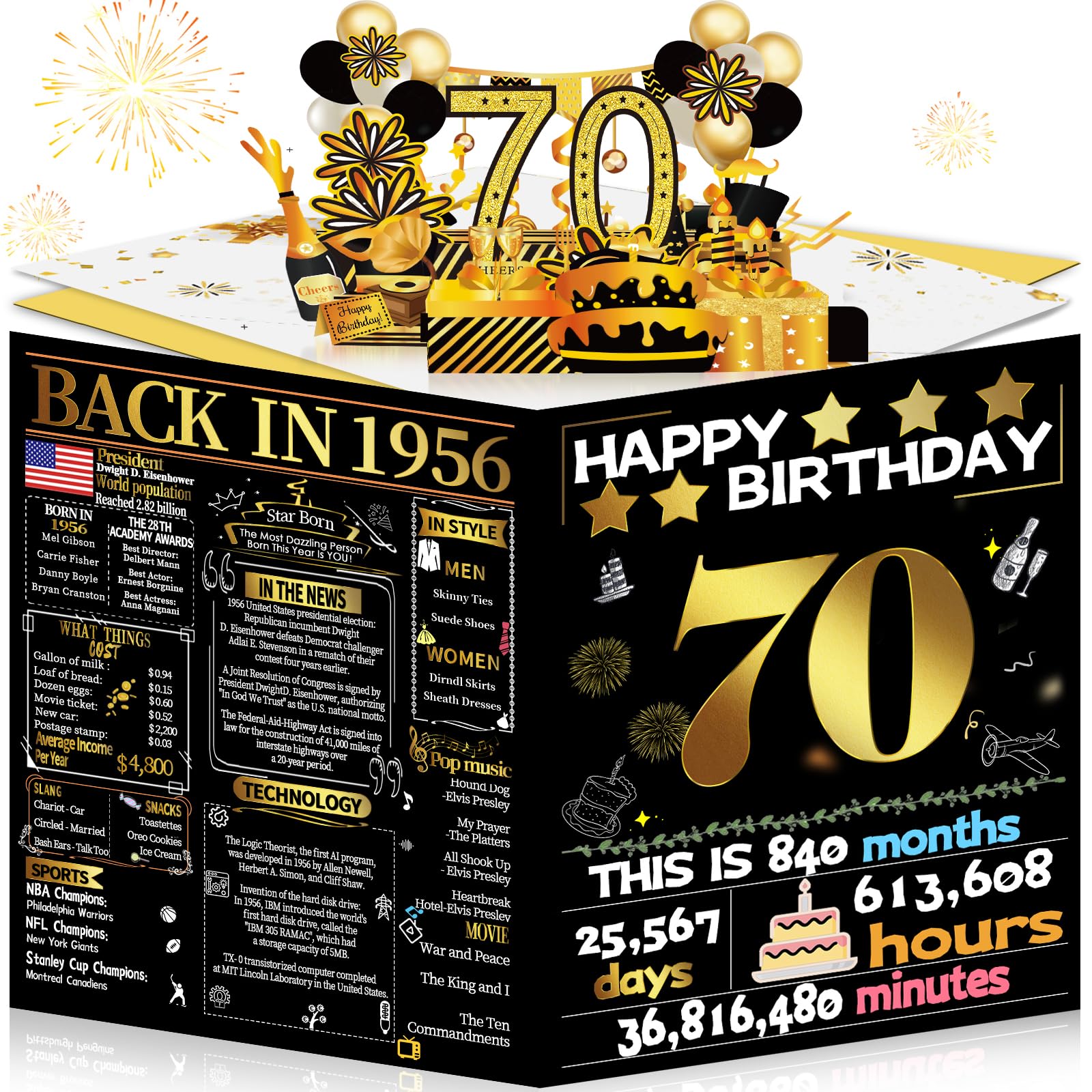 Joycard 70th Birthday Card for Women Men, 3D Pop Up Happy Birthday Gift for Grandpa Grandma, Funny 70 year old Birthday Decorations for Mother Dad, Back in 1956 Laser Gold Retro Theme