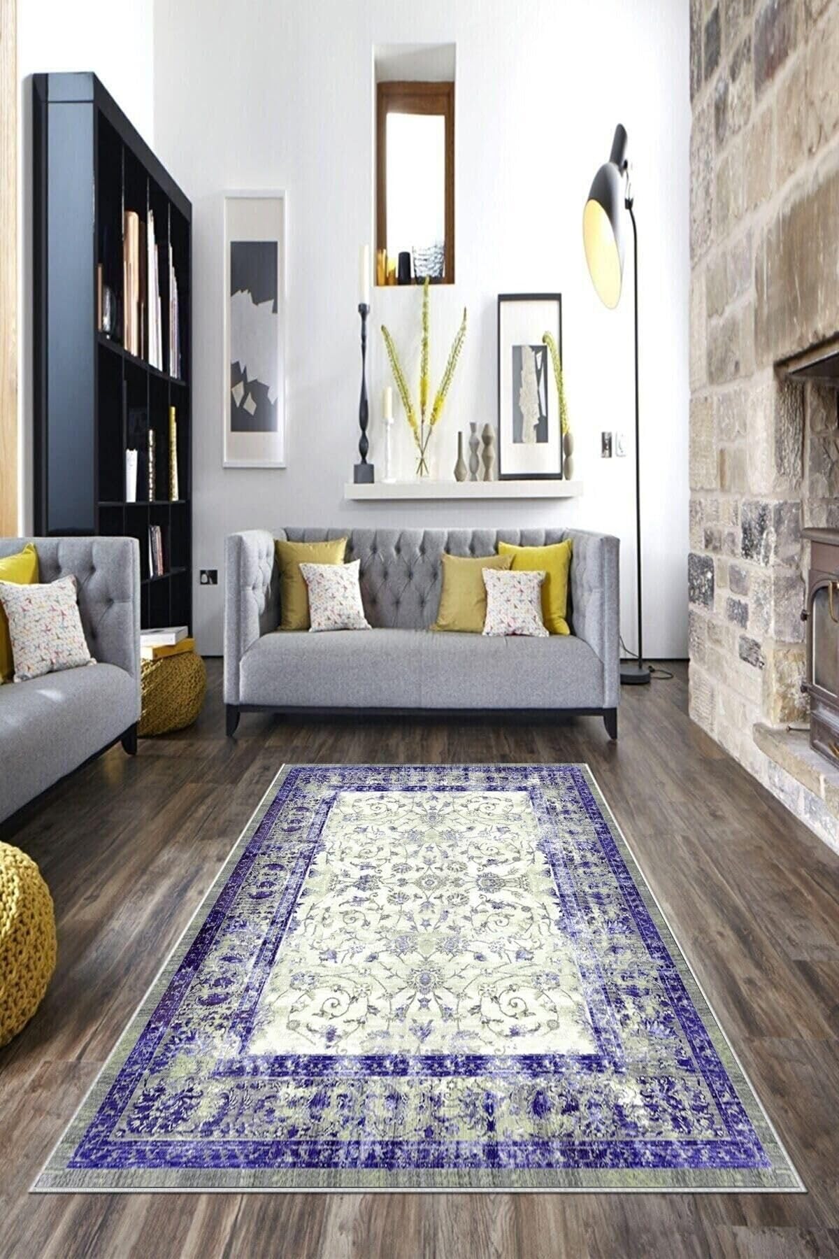 Pelangi Mor Çerçeveli Çiçek Desenli Yıkanabilir Kaymaz Taban Leke Tutmaz Modern Salon Halısı Ve Yolluk, Mor 40 x 40, 745711834040728