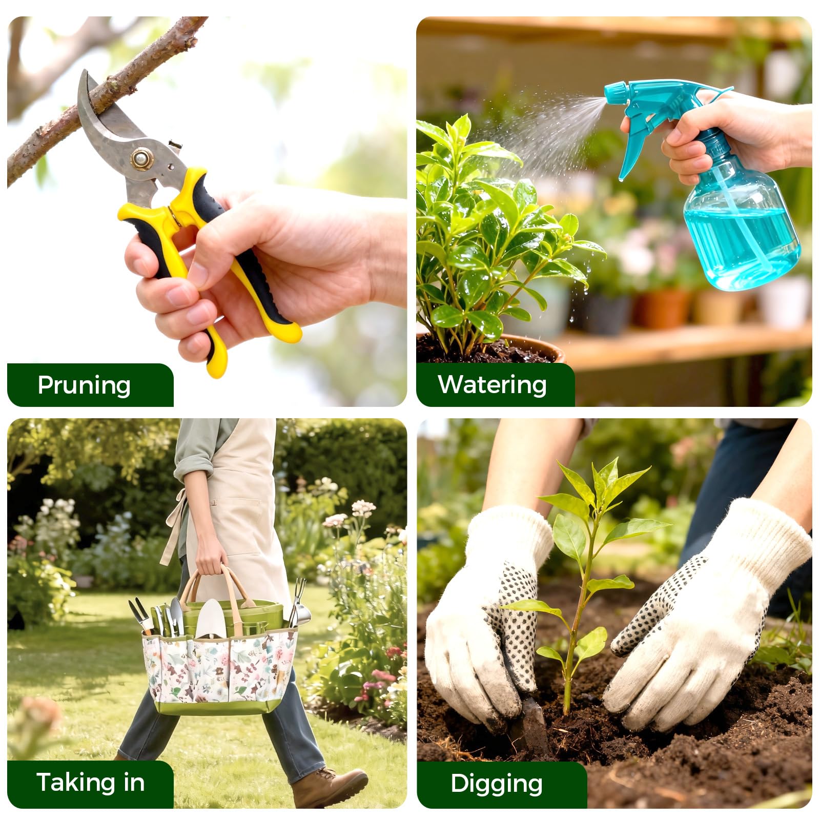 Bamworld Juego de Herramientas de Jardinería 9 Piezas, Kit Jardinería y Set Jardín de Acero Inoxidable con Bolsa, Guantes, Pulverizador, Pala, Tijeras de Podar, Rastrillo para Macetas y Huerto