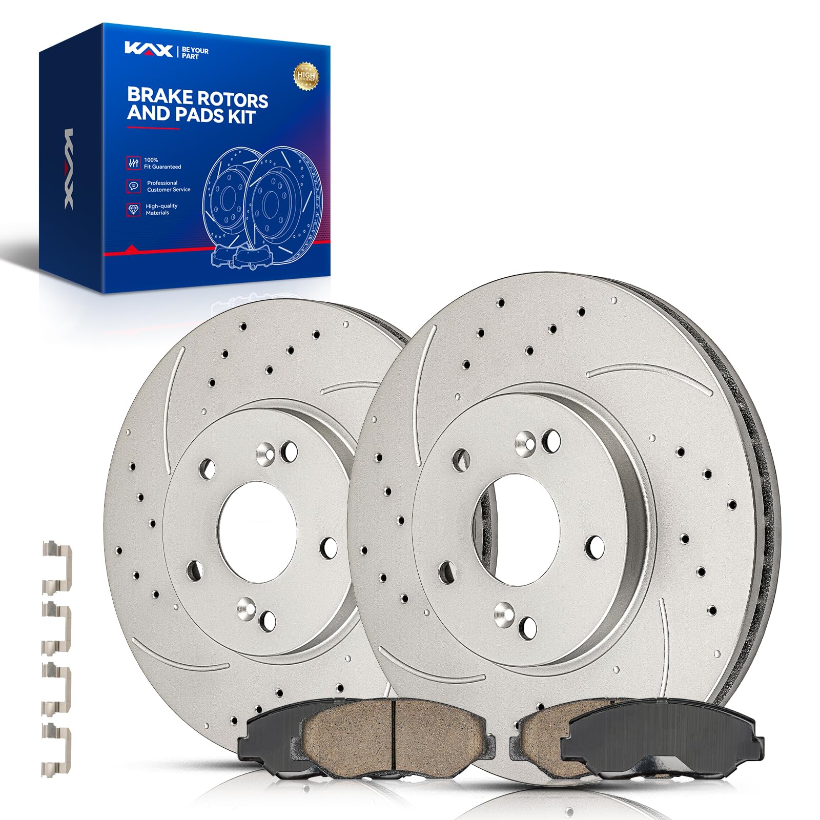 KAX Front Brake Kit, Drilled and Slotted Brake Rotors, Ceramic Brake Pads | Fits Honda Pilot 2003 2004 2005 2006 2007 2008, Automotive Replacement Brake Kit