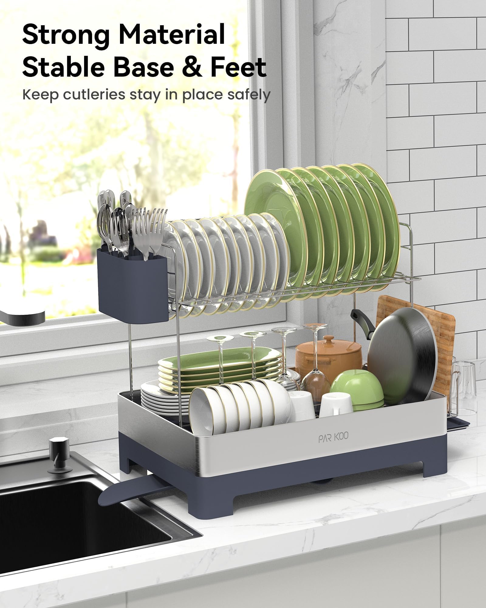 ParKoo Escurridor de platos, extragrande de 2 niveles para encimera de cocina, escurridor de platos de acero inoxidable con boquilla giratoria, estante grande multifuncional con soporte para