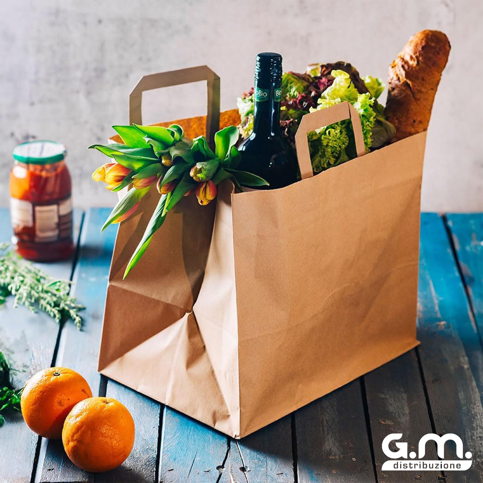 GM 50 Shopper Asporto in Carta 26+17x29h cm Avana Borse con Base Larga e Manici per Cibo Bevande Take Away