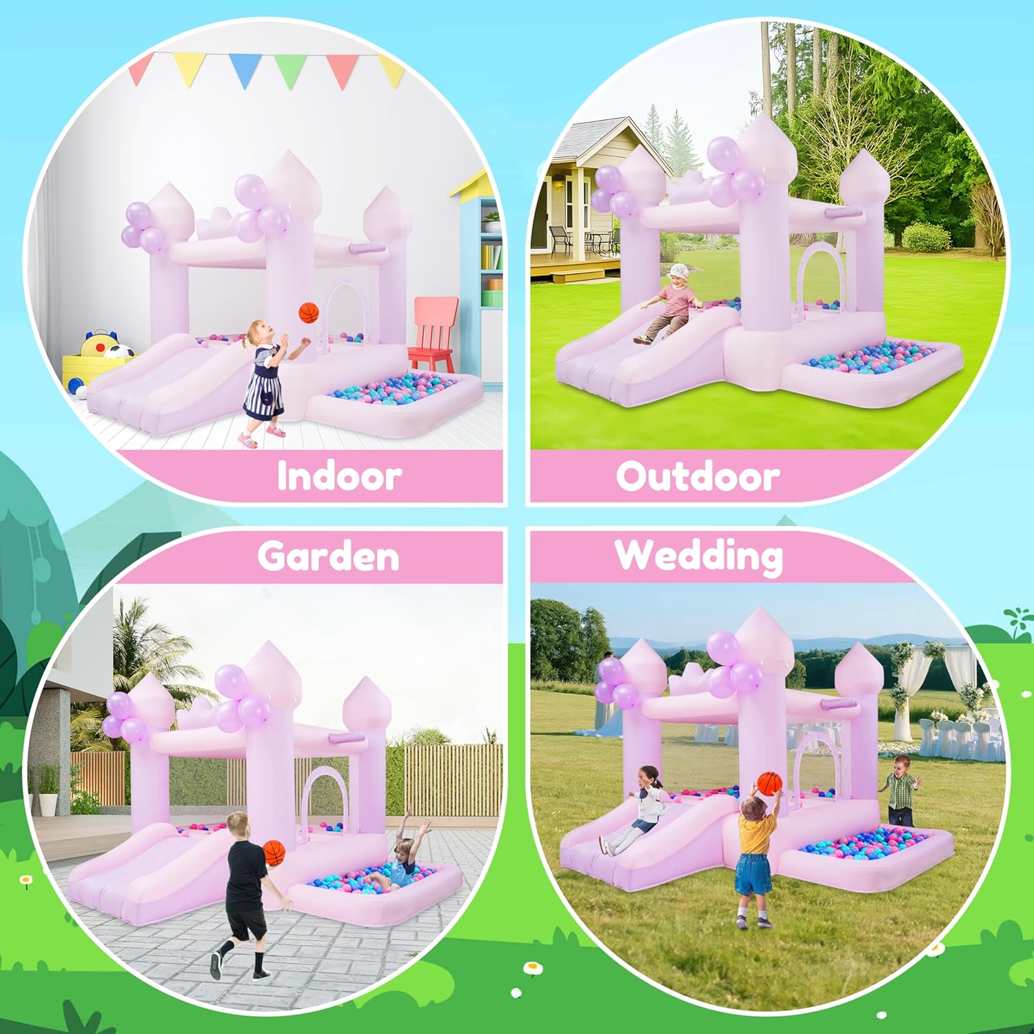 9FT Pink/Purple Bounce House Inflatable Toddler Trampoline Suitable for 3-6 Year Old Children Party Gifts Indoor and Outdoor Two Tone Bounce Castle Wedding/Festival Decorations