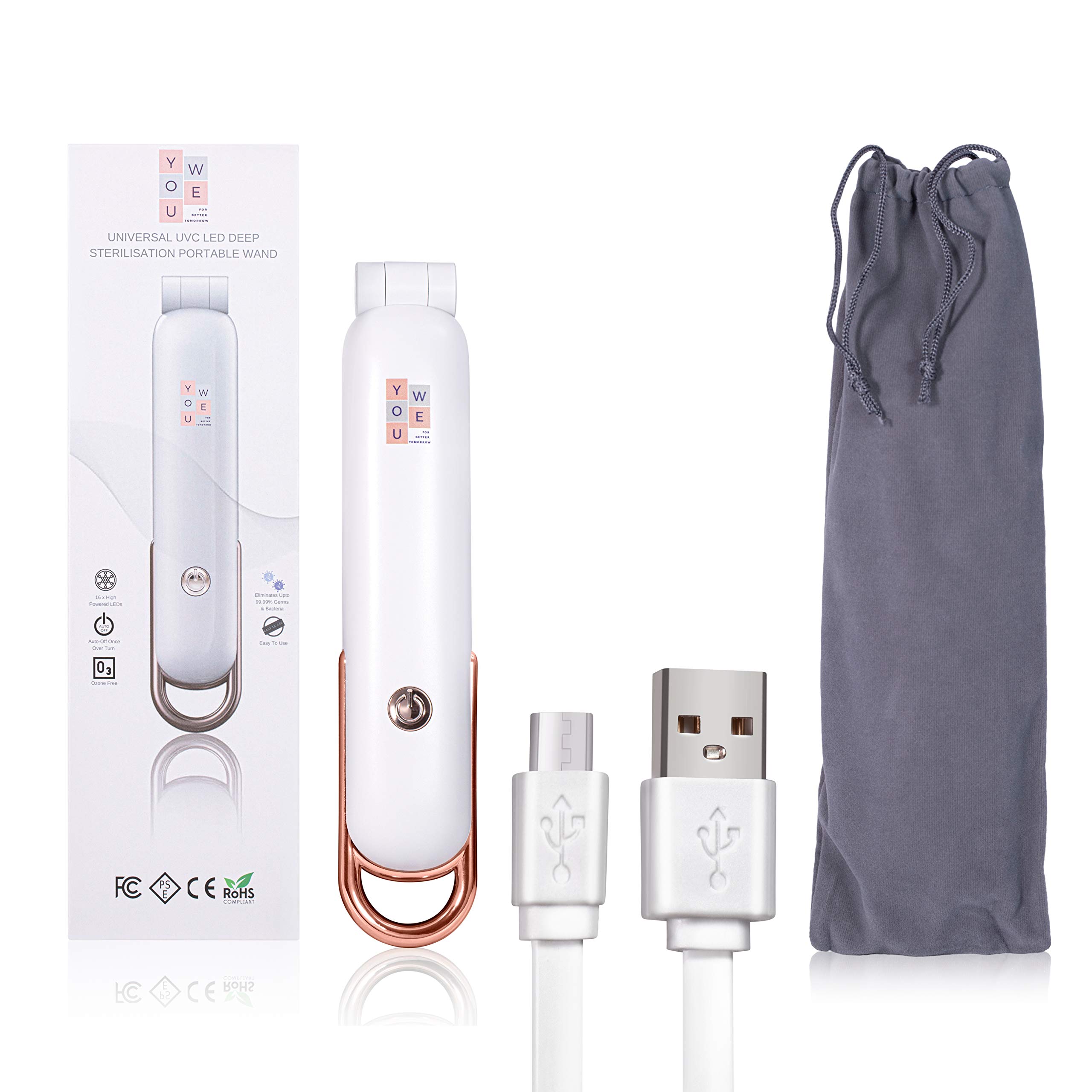Baguette de stérilisation UVC portable, Puissant désinfectant UV YouWe à 16 LED, Style design élégant, Rechargeable, pliable, facile à transporter, avec mécanisme d'arrêt automatique uv sterilisateur.