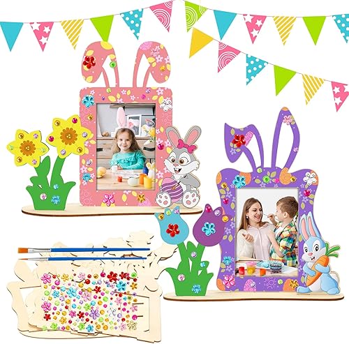 RGISHOP Paquete de 4 manualidades de conejo de madera de Pascua para niños, marco de fotos de conejo de bricolaje, marco de fotos de madera sin