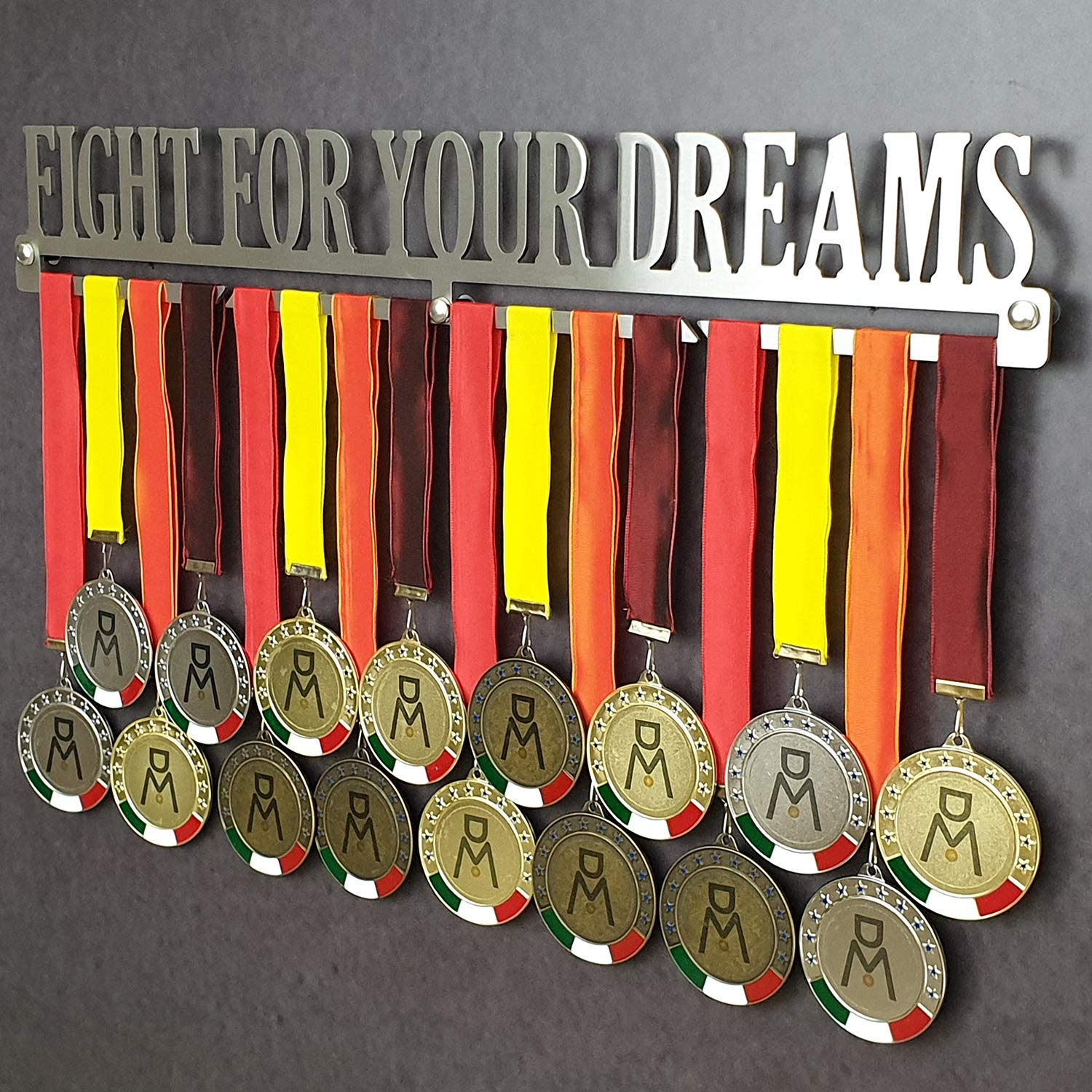 MEDALdisplay Fight for Your Dreams - Medaillen Aufhänger - Wandhalterung für Medaillens Running, Marathon - Medaillenhalter - Sport Medal Hanger - Gebürsteter Edelstahl - 100% Made in Italy