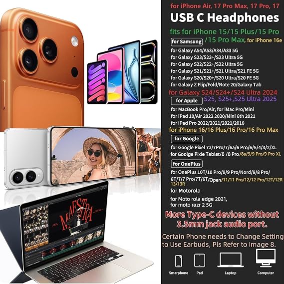 KASOTT USB Cヘッドフォン Samsung 有線イヤホン 磁気インイヤー Type C イヤホン マイク付き ボリュームコントロール 重低音ステレオノイズキャンセリング iPhone 17 Pro Max Air 16 16e 15 Pixel 10 9a用 ブラック