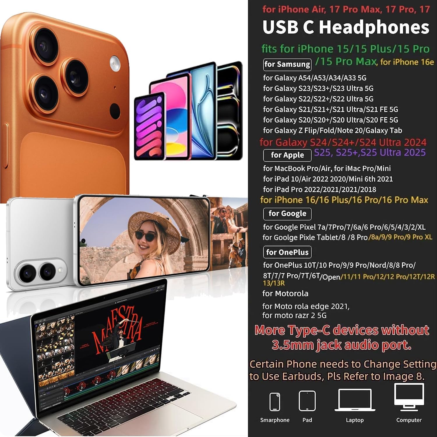 KASOTT Auriculares USB C para Samsung con cable, magnéticos, tipo C, con control de volumen, graves profundos, cancelación de ruido estéreo, para iPhone 17 Pro Max Air 16 16e 15 Pixel 10 9a (negro)