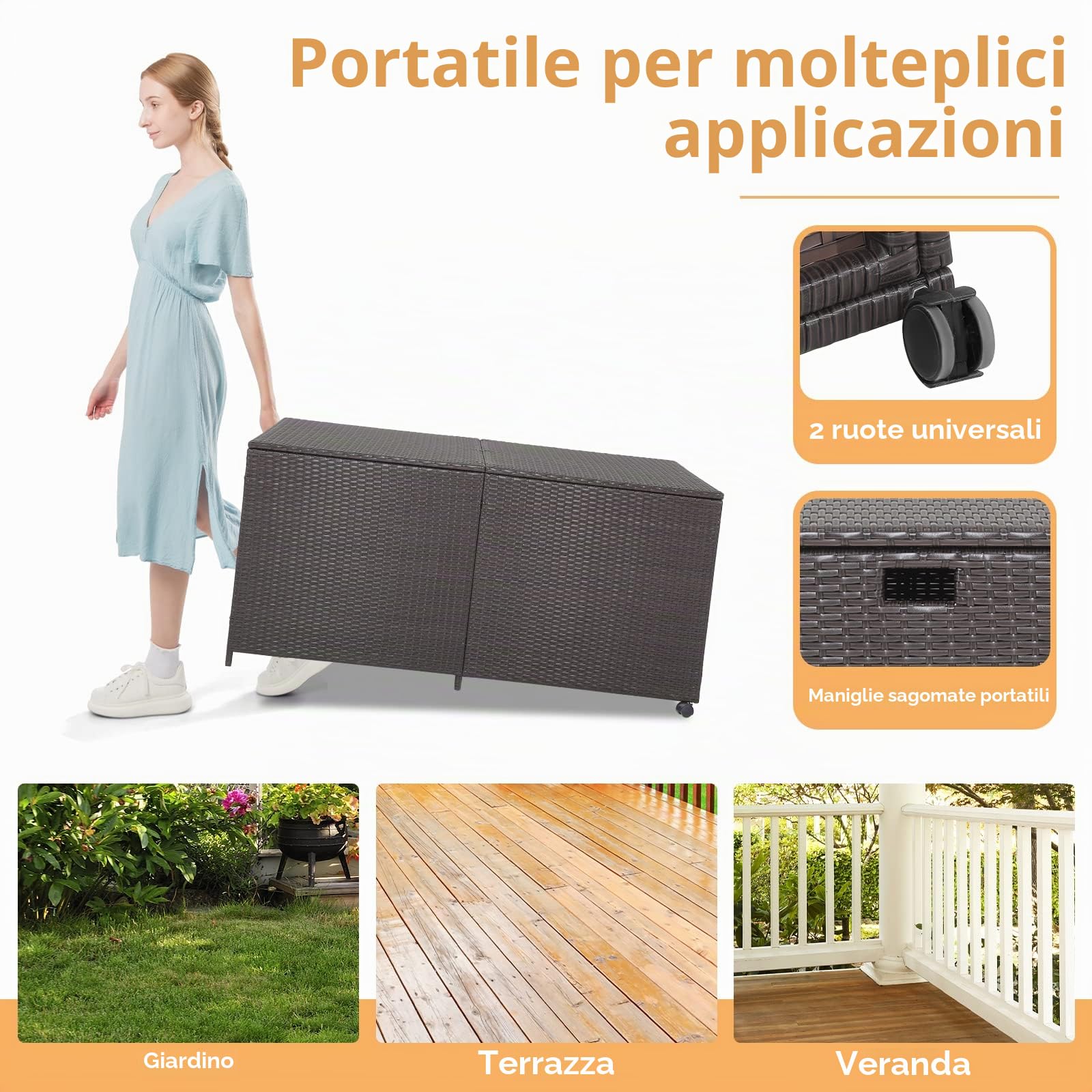 KOMFOTTEU Scatola portaoggetti per esterni, arrotolabile, in polyrattan, con maniglie, contenitore portaoggetti 150 x 77 x 72 cm, impermeabile con coperchio, contenitore con spazio ventilato