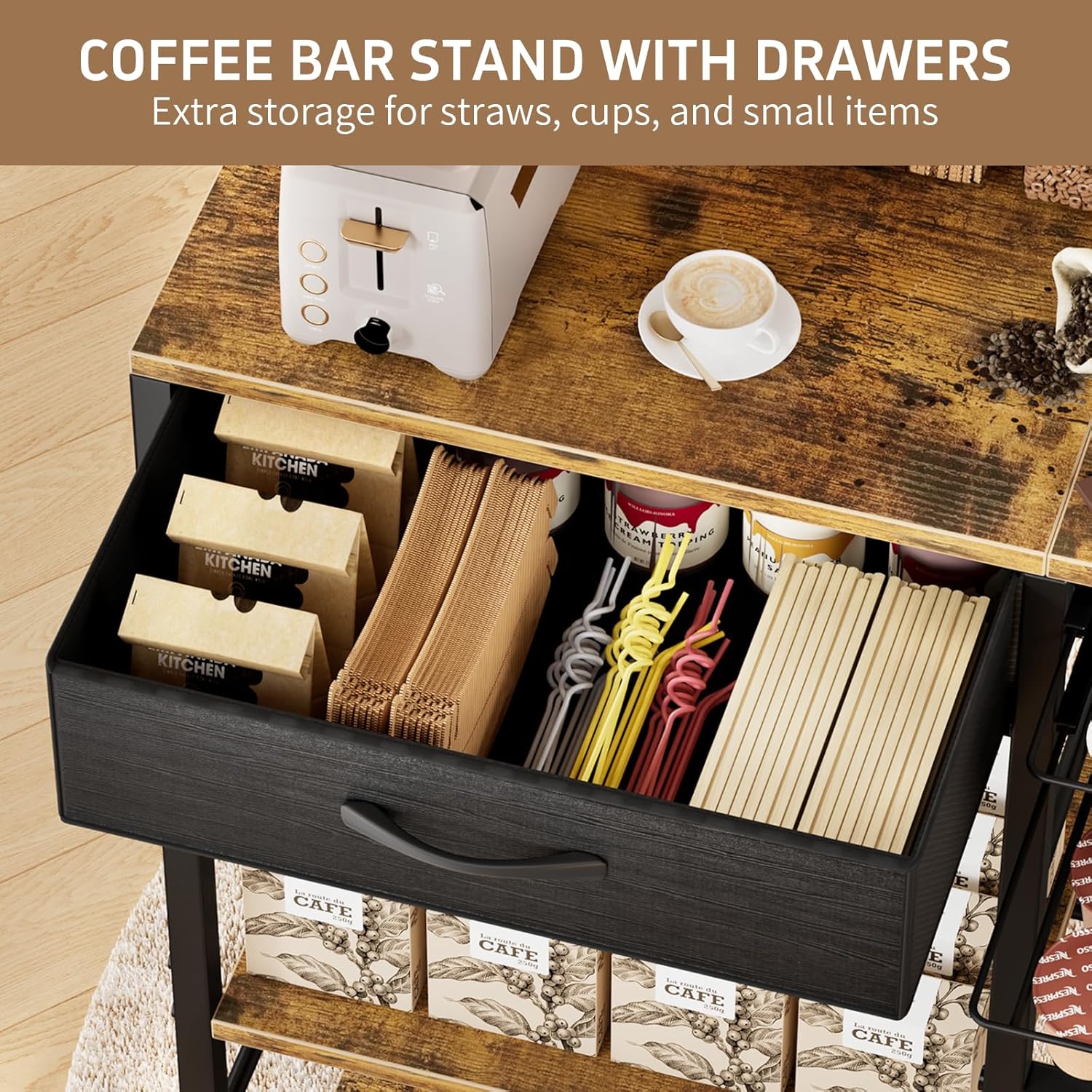 Coffee Bar with Integrated Storage,5-Tier Coffee Bar Cabinet with Drawers,Kitchen Coffee Bar Table with 2-Layer Capsule Drawer,for Living Room and Corner Kitchen Bar Table,Vintage Brown