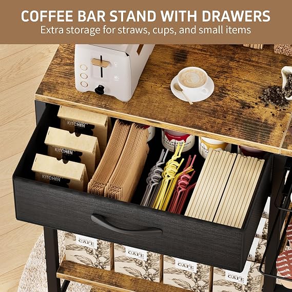Coffee Bar with Integrated Storage,5-Tier Coffee Bar Cabinet with Drawers,Kitchen Coffee Bar Table with 2-Layer Capsule Drawer,for Living Room and Corner Kitchen Bar Table,Vintage Brown