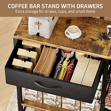 Coffee Bar with Integrated Storage,5-Tier Coffee Bar Cabinet with Drawers,Kitchen Coffee Bar Table with 2-Layer Capsule Drawer,for Living Room and Corner Kitchen Bar Table,Vintage Brown