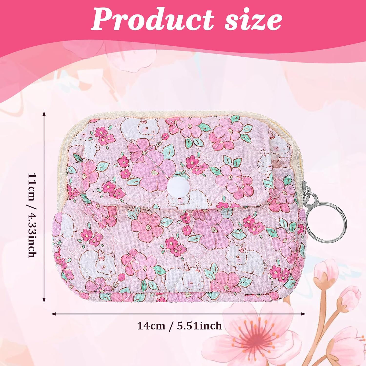 Kawaii Coin Purse for Women - Mini Floral Rabbit Zipper Pouch, Small Pink Polyester Wallet with Keyring - Image 2