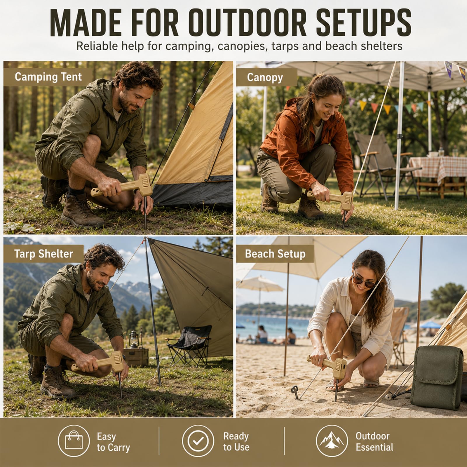 Camping Hammer With 8 Pegs, Tent Stake Driver With Peg Puller, Heavy Duty Tent Mallet, With Anti-Loss Storage Compartment, Includes 8 Steel Stakes, For Outdoor Hiking Camping Backpacking (Khaki)