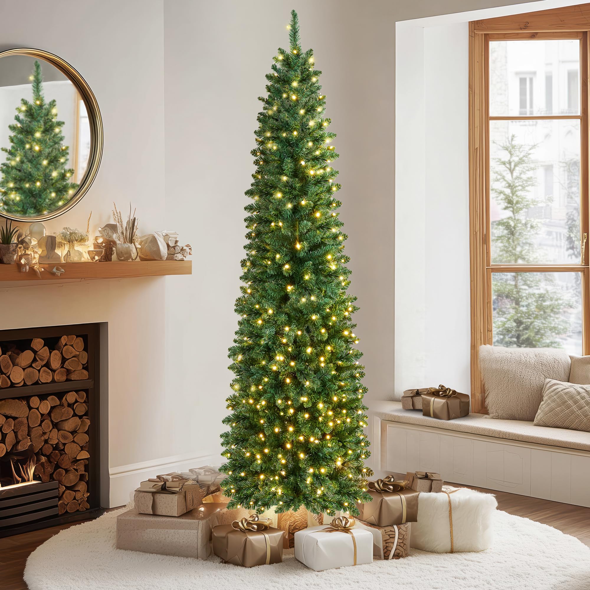 6FT Pre Lit Christmas Tree Aspen Slim Pencil Tree with 300 Built-In Warm White LED Lights with Auto-Off Timer, 8 Lighting Modes and Foldable Metal Stand