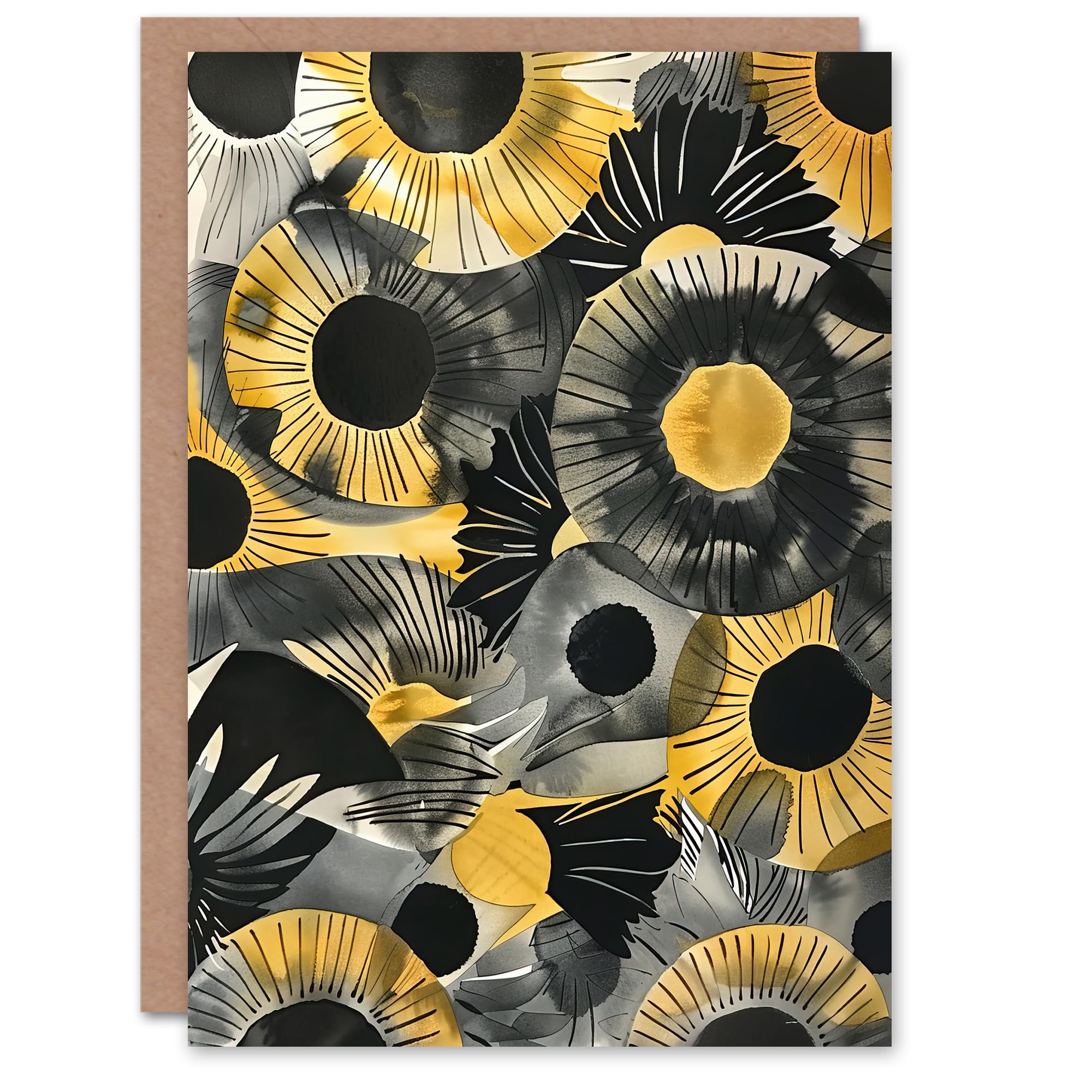Artery8 Greeting Card Abstract Black and Yellow Sunflowers Watercolour For Her Woman Birthday Card