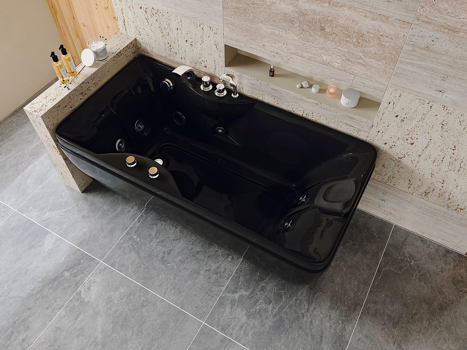 Vente-unique - Baignoire balnéo - 150 x 75 x 54,5 cm - Noire - Angle gauche - 1 place - 140 L - GAVINO
