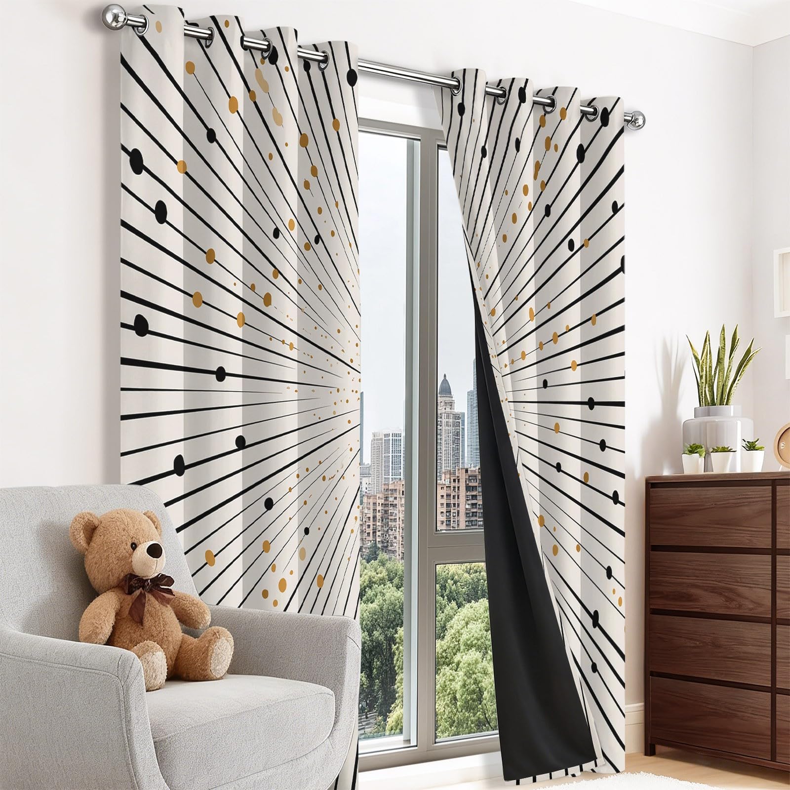 Beige Verdunklungsvorhänge mit Ösen B110 x H215 cm 2er Set - Modern Modisch Punkte Streifen Hell Vorhang Blickdicht Thermovorhang Kälteschutz für Wohnzimmer, Schlafzimmer, Kinderzimmer, Flur
