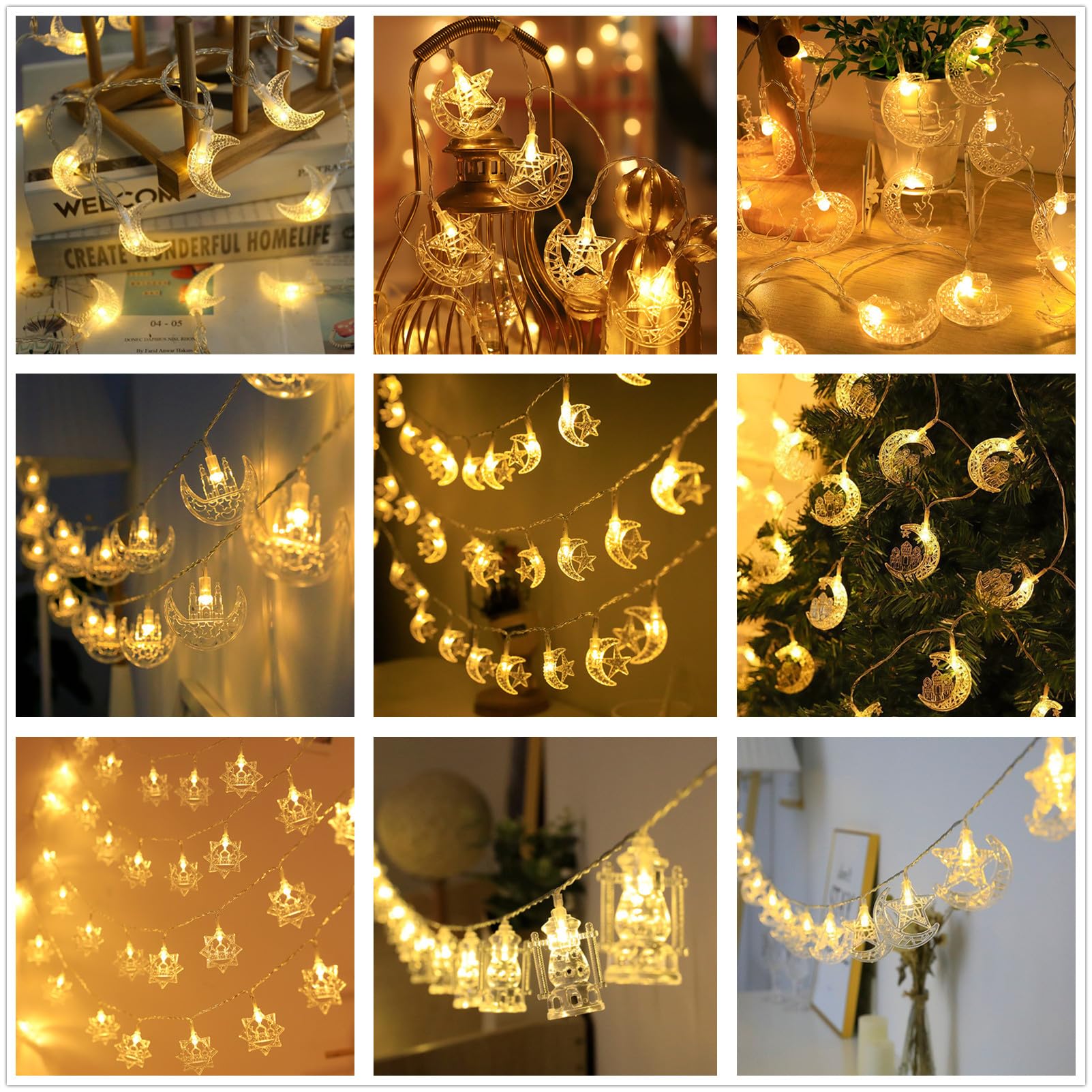 Ramadan Lights 10 m, 20 diod LED, gwiazda, księżyc, latarnia, łańcuch świetlny na baterie, wróżka, do wnętrz, Kareem, Eid, Mubarak, dekoracje do domu, na imprezę al-Fitr, ciepła biel, 03