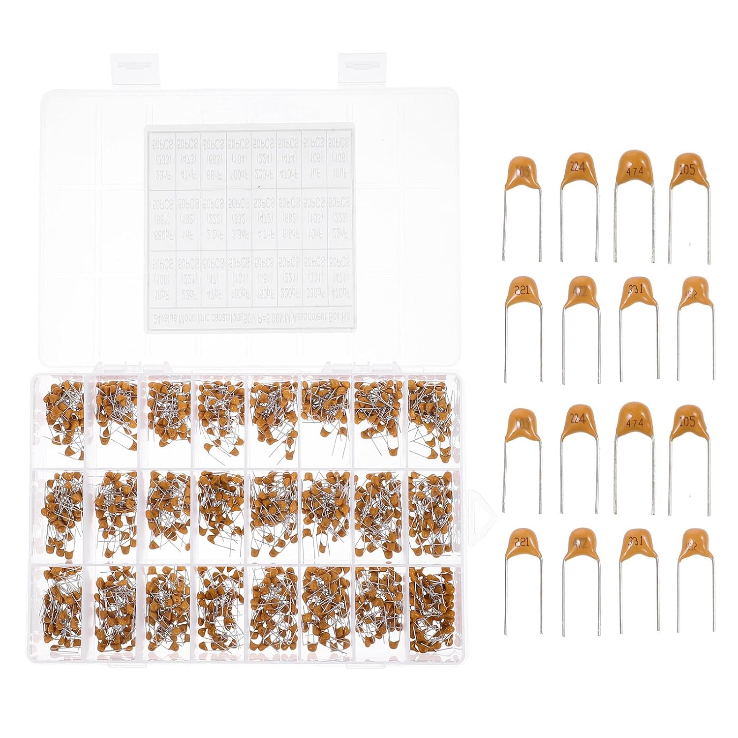 VALICLUD 1200pcs Ceramic Capacitor Kit 24 Values 10pf-10μf Leaded Multilayer Monolithic Capacitors Assortment for Electronic Parts and Industrial Electrical Applications
