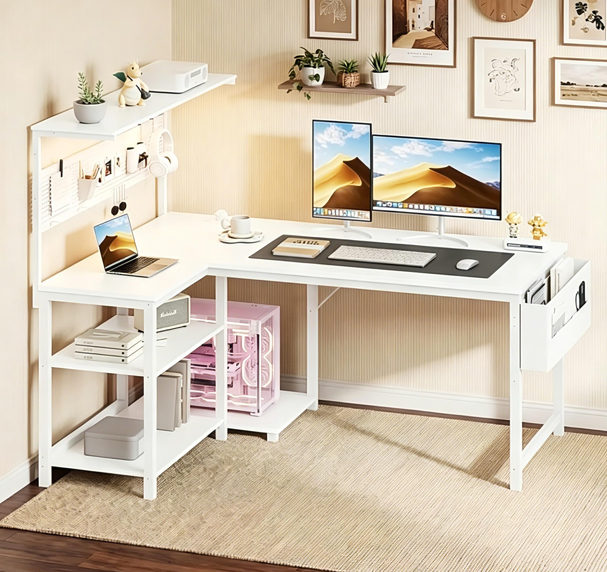 YOUDENOVA Scrivania Gaming a Forma di L, Tavolo Gaming con LED, Presa e USB, Scrivania ad Angolo Reversibile con Ripiano, 120x80cm Tavolo Computer con Portaoggetti per Home Office e Gamer, Bianco