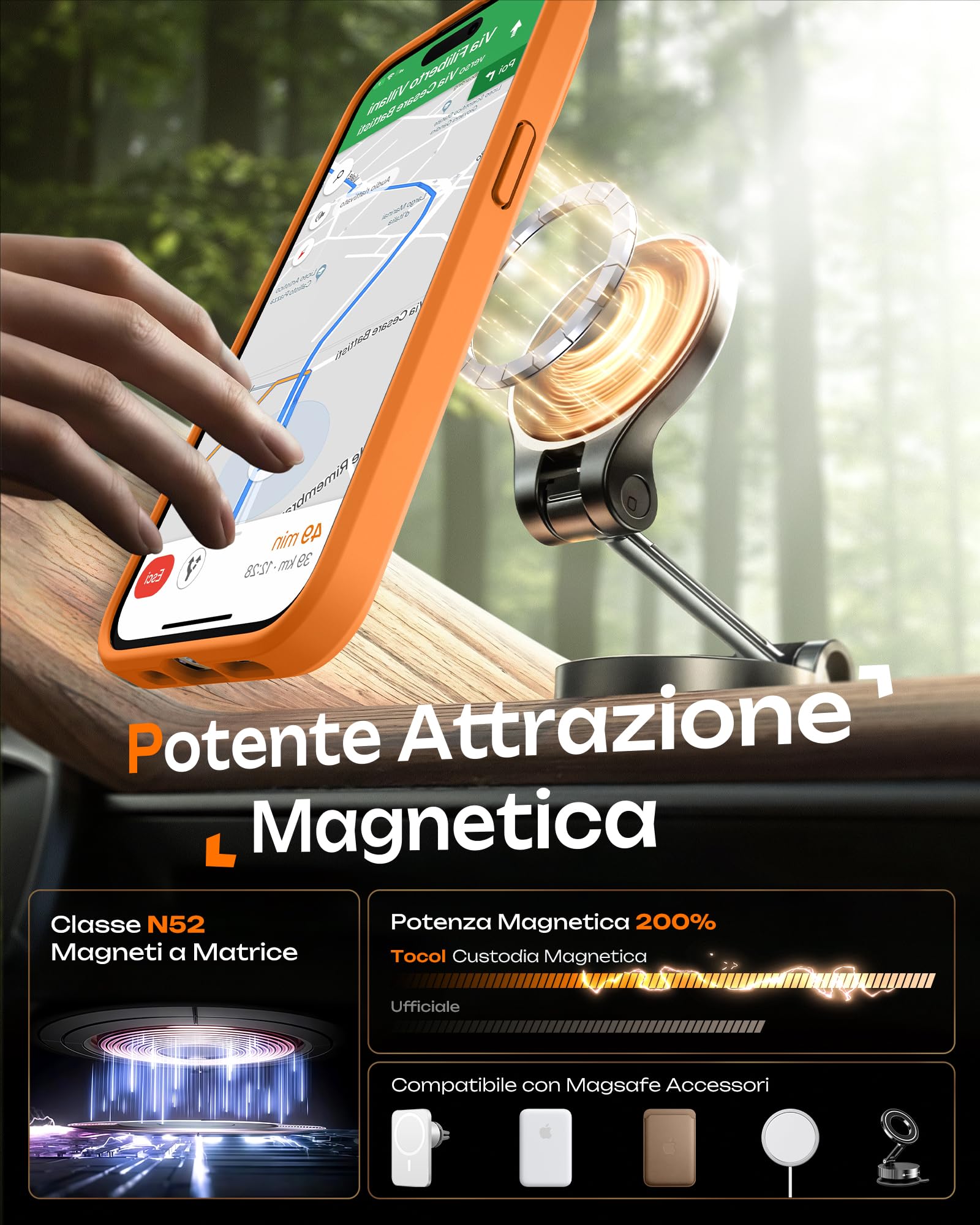 TOCOL Cover Magnetica per iPhone 13 Pro 6,1 Pollic, Compatibile con MagSafe, Protezione Fotocamera Integrata, Custodia Antiurto Traslucida Opaca, Arancione