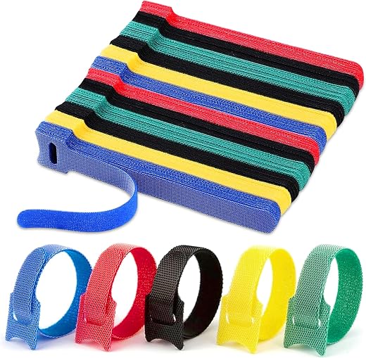 GLUN® Multicolour Strong Velcro Ties, 50 Piece Organisation Straps, Thin Pre-Cut Design, Wire Management Organiser for Hom...