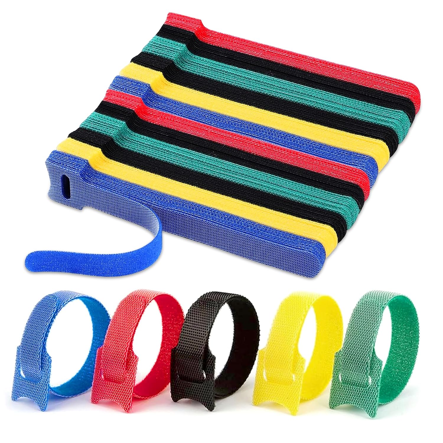 GLUN® Multicolour Strong Velcro Ties, 50 Piece Organisation Straps, Thin Pre-Cut Design, Wire Management Organiser for Hom...