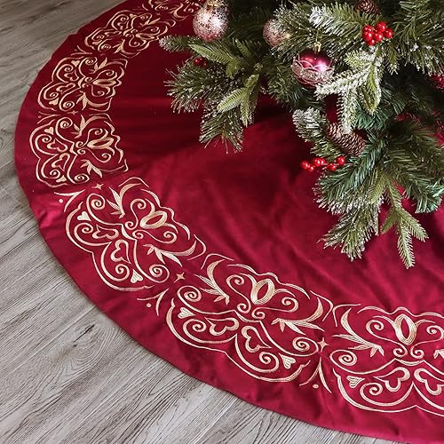 Miniatura 12 de Falda para árbol de Navidad, árbol de Navidad rojo de 60 pulgadas, faldas grandes de terciopelo rústico para árbol de Navidad, faldas de árbol