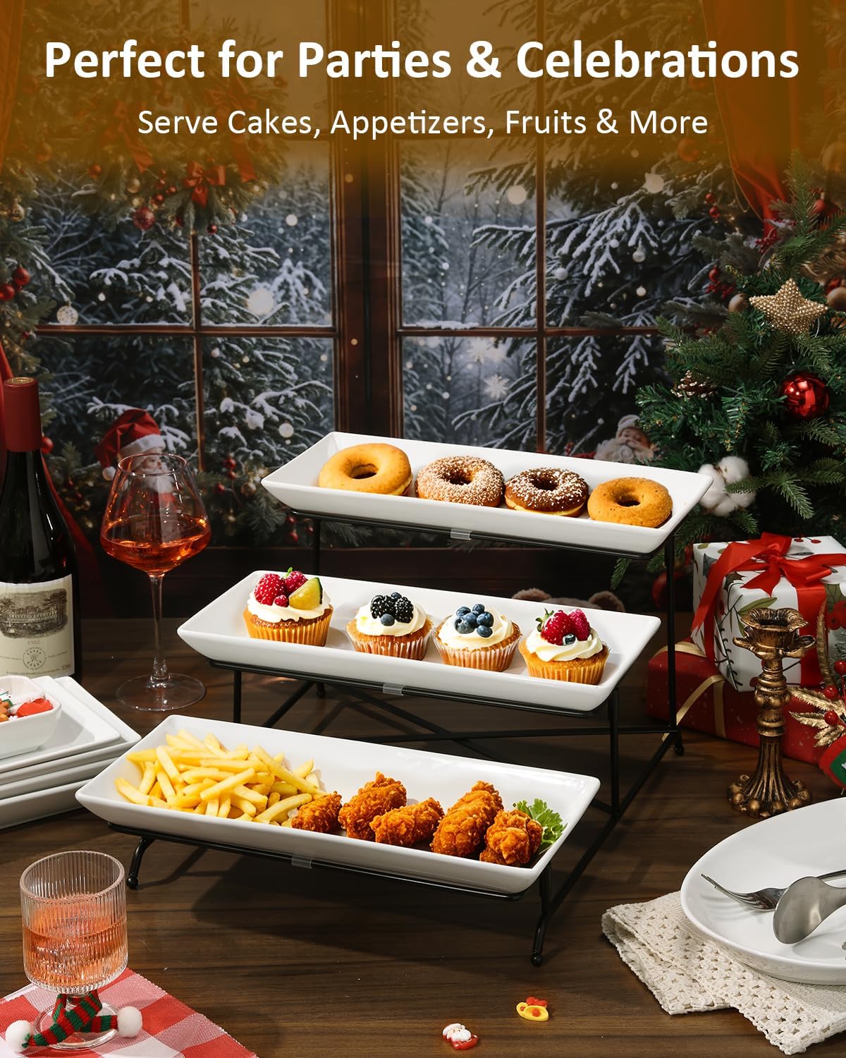 Yedio 3 Tier Serving Tray Set 14 Inch Porcelain Tiered Serving Trays Platters, Collapsible Sturdier Stand with Stable Cross Bars, Three Layer Serving for Party Entertaining Food Display Fruit Dessert - Image 5