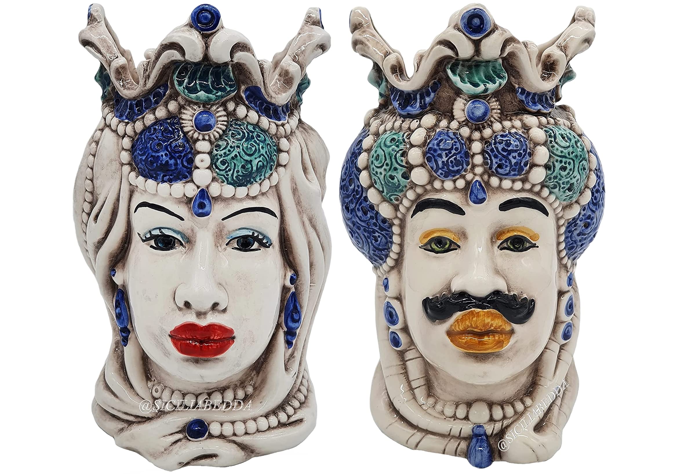 sicilia bedda - Teste di Moro Siciliane in Ceramica di Caltagirone - Realizzato Interamente a Mano - Altezza 18 Centimetri (Coppia Teste di Moro Blu)