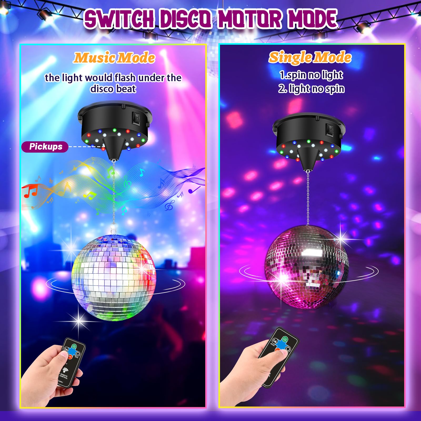 Discokugel Motor Spiegelkugel Drehmotor 10 U/min Disco Kugel Motor mit Fernbedienung, Kette, 4 Bunten Lichtern und 18 LED-Perle Multi-Modus Leiser Antriebsmotor zum Diskokugel Zubehör