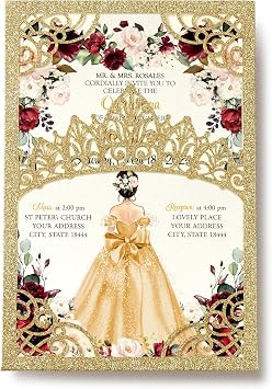 50pcs Quinceanera Invitations with Glitter Gold Laser Cut Crown|Gold Floral Birthday Invites for Sweet 16/Miss XV |Personalized Invitation Cards with Elegant Princess Dress Design