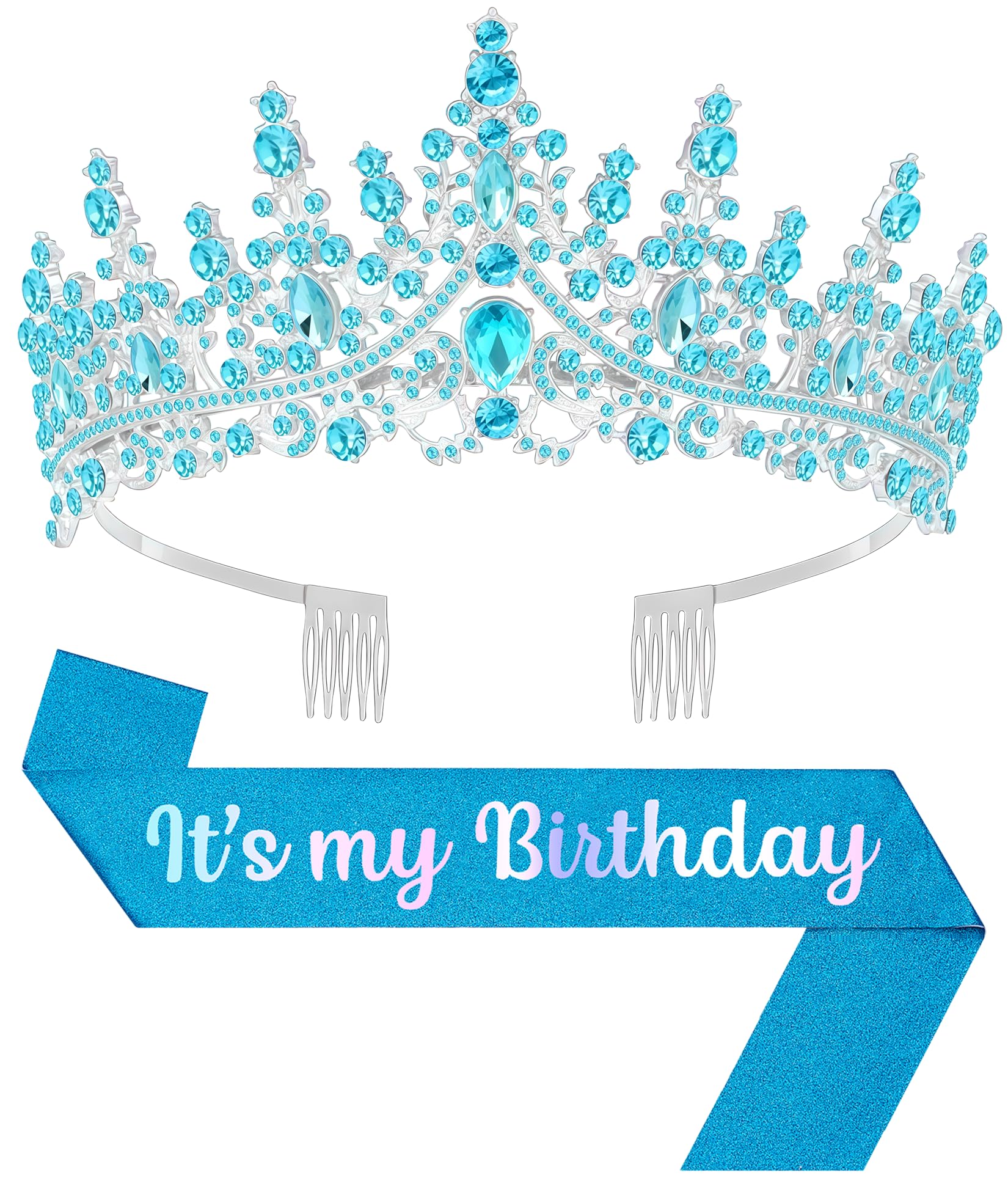 Papoopy Birthday Tiara and Crown with Sash, Birthday Tiara for Women Party (Blue)