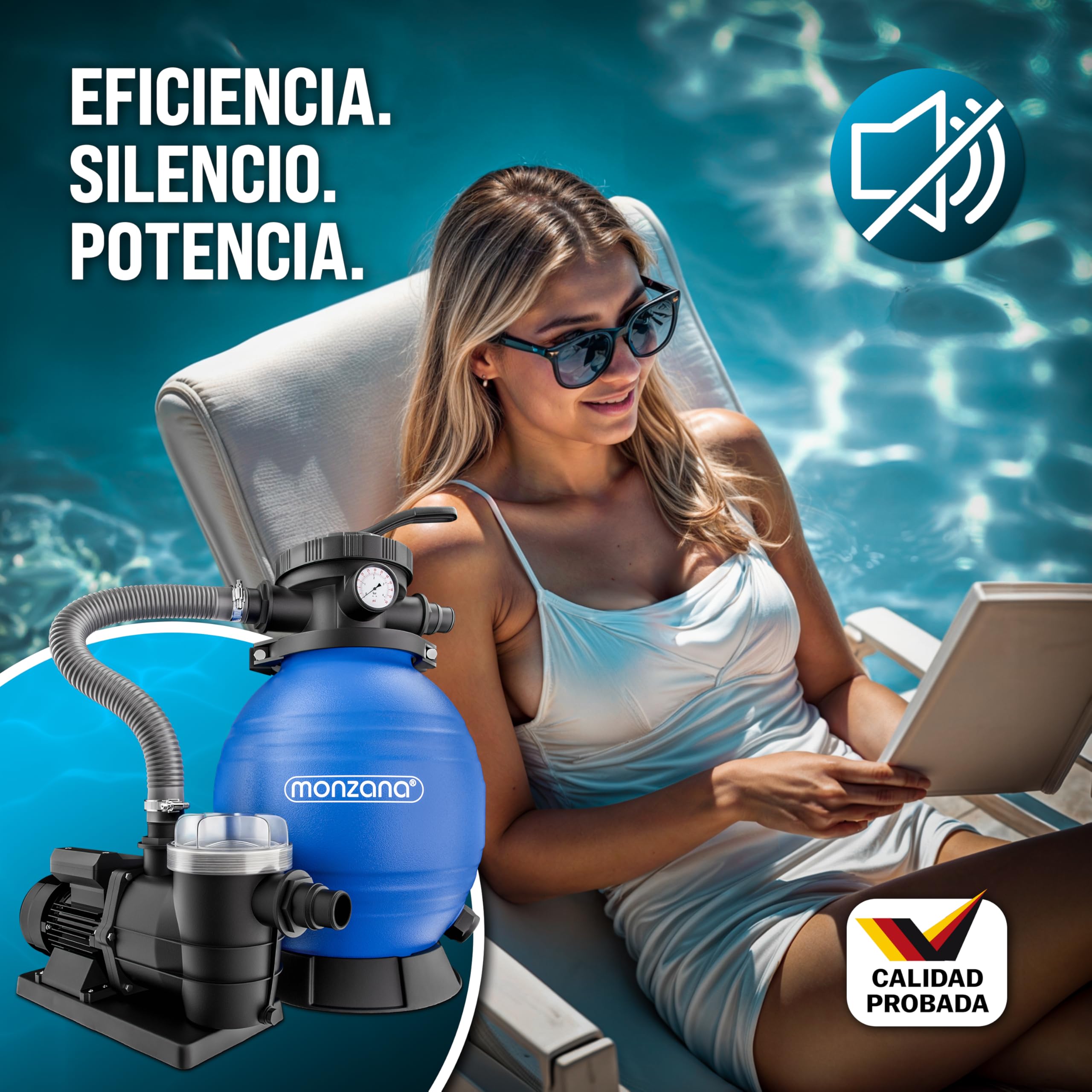MONZANA® Depuradora Piscina 10.200L/h Filtro de Arena hasta 35.000L incl. Bolas Filtrantes Válvula 7 Funciones Filtrado 400W Adaptador Ø32-38 mm Bomba Indicador de Presión