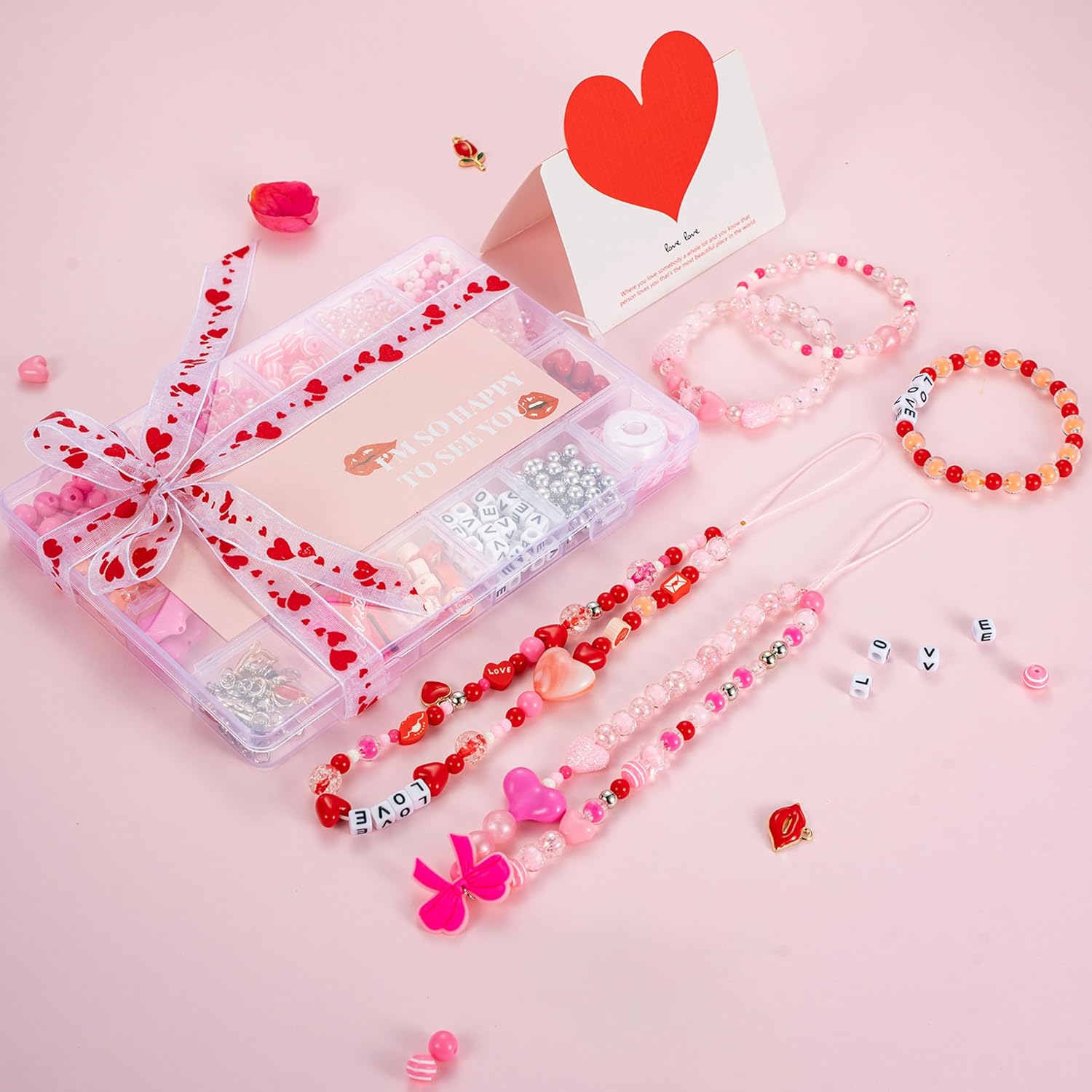 JINNBEY 24 Grid Pink 560Pcs Acrylic Beads for Jewelry Making Kit, with Alloy Enamel Heart-Shaped Lip Pendants for Necklace Bracelet Making, Keychains, Phone Charms, DIY Crafts Set