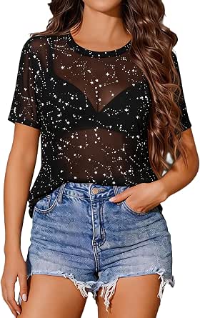 Avidlove Women's Mesh Sheer Short Sleeve Summer Blouse Cover Top