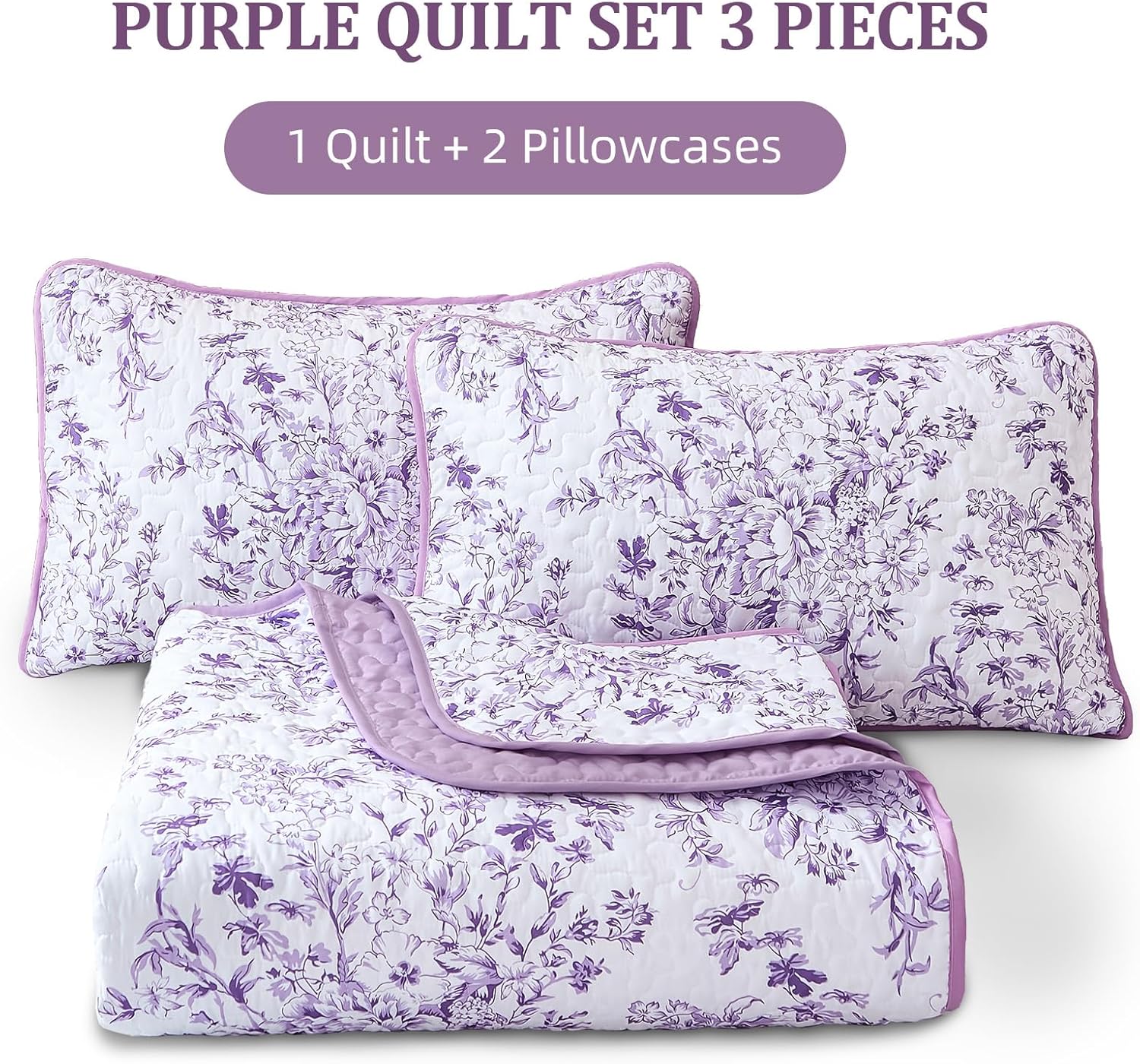 WONGS BEDDING Quilt Queen Size, Purple Quilt Bedding Set with 2 Pillowcases, Botanical Quilt for Queen Bed, Soft Microfiber Lightweight Coverlet Bedspread for All Season (96"×90", 3 Pieces) - Image 8