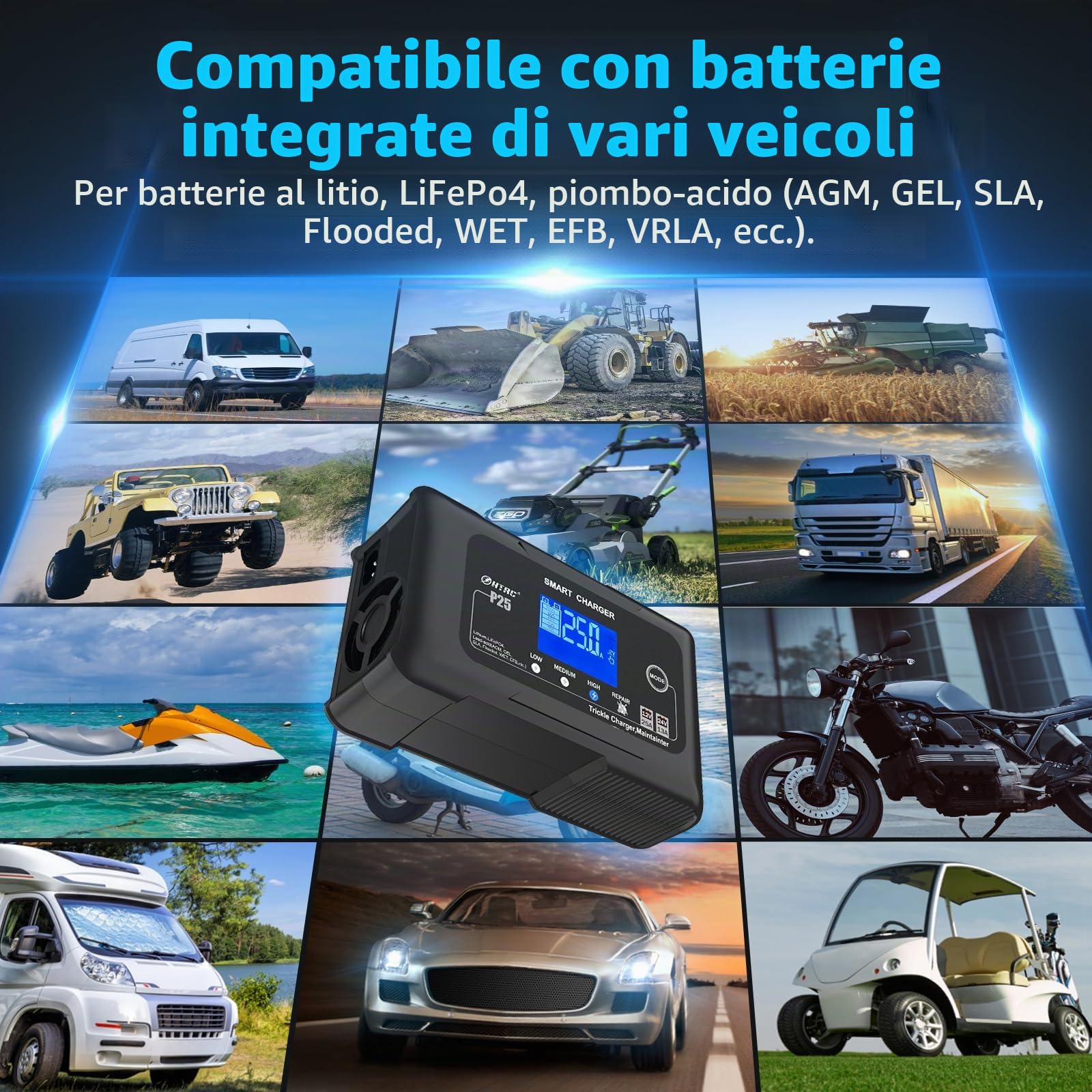 Haisito Caricabatterie da auto da 25 A, 12 V, 24 V, 25 A, caricatore di mantenimento e dispositivo di desolforazione, adatto per litio, LiFePO4, acido piombo (AGM, gel, EFB, MFecc.) moto, auto, barche