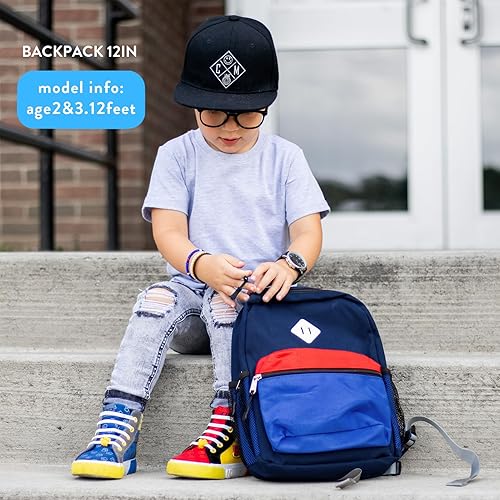 Miniatura 7 de STEAMEDBUN Mochila para niños pequeños para niños pequeños, mochila escolar para niñas, Azul oscuro y rojo, Mini-12 pulg. (no cabe una carpeta),