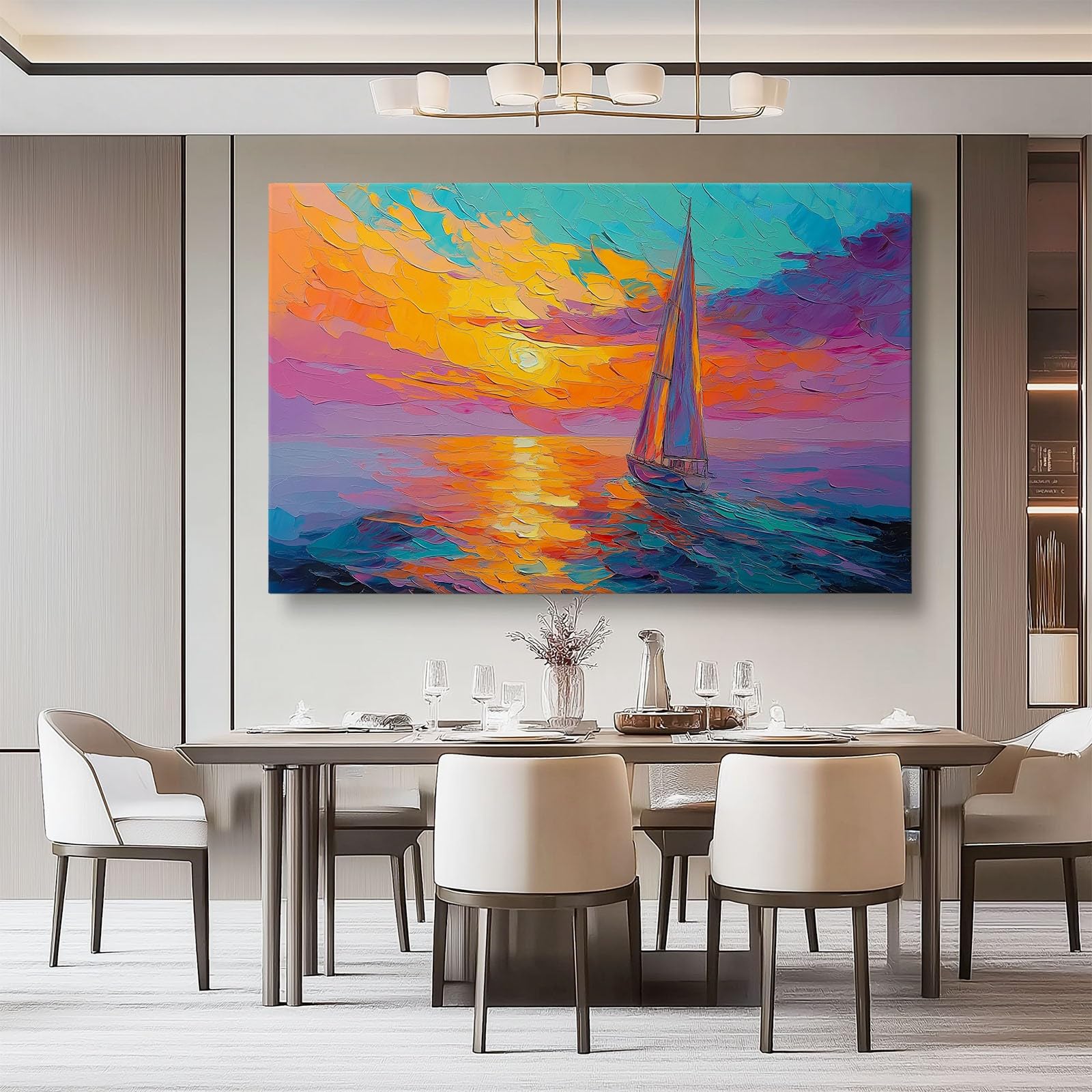 Bilder Ölgemälde Sonnenuntergang Segelboot auf dem Meer 1 Teilig Leinwandbilder Bunt Bild auf Leinwand Vlies Wandbild Kunstdruck Wanddeko Wand Wohnzimmer Wanddekoration120L x 50B cm Ungerahmt