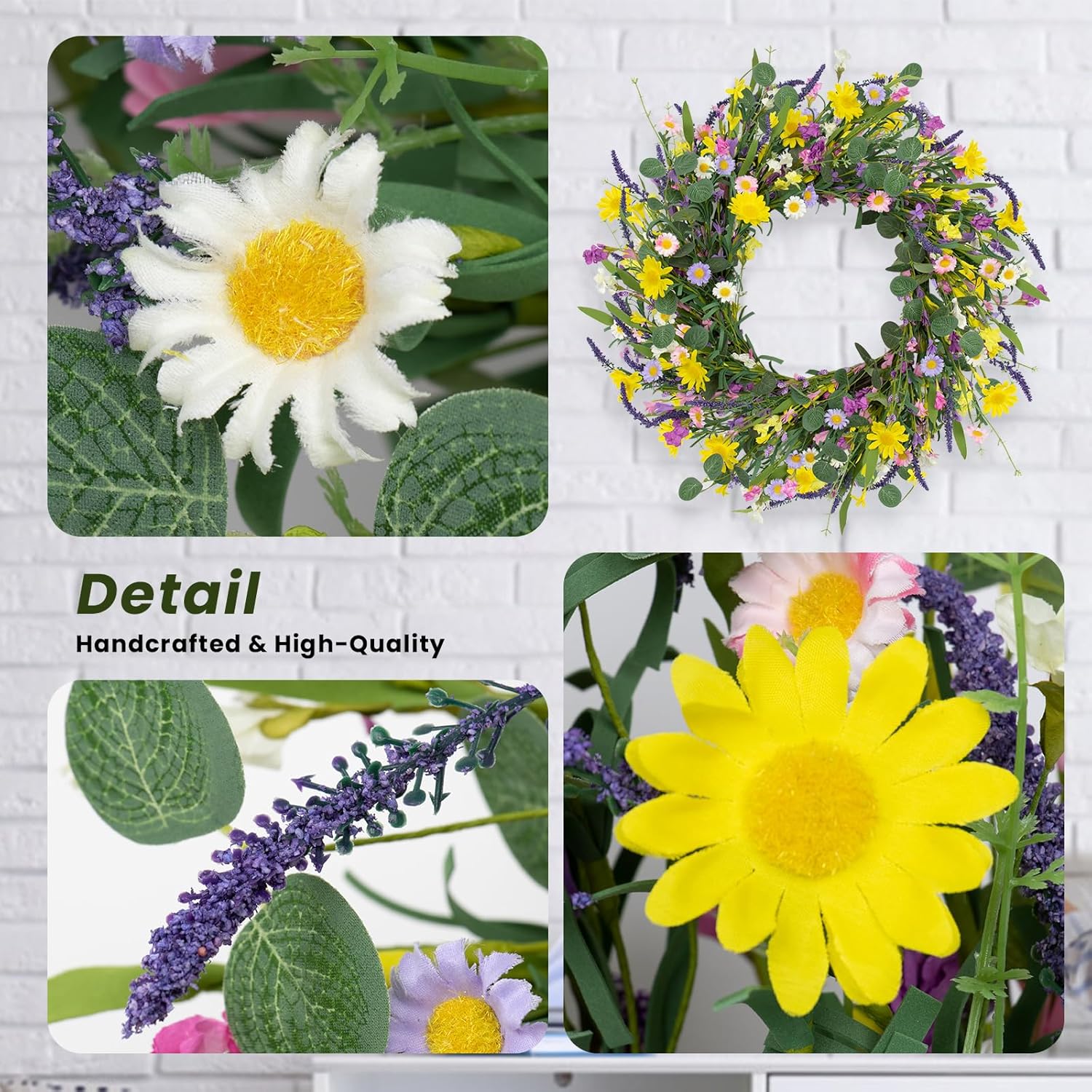 Spring Decorations for Home 22" Spring Wreath Artificial Summer Wreaths with Eucalyptus Leaf Lavender and Daisy for Easter Indoor Outdoor Home Festival Celebrations - Image 6