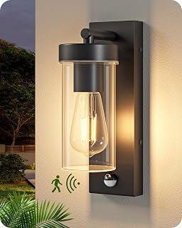 EDISHINE Wall lamp with motion sensor in aluminium, modern wall lamp with Dämmerungssensor, E27 Fassung, IP44, washable for Haustür, Terrasse, Garage, Schwarz