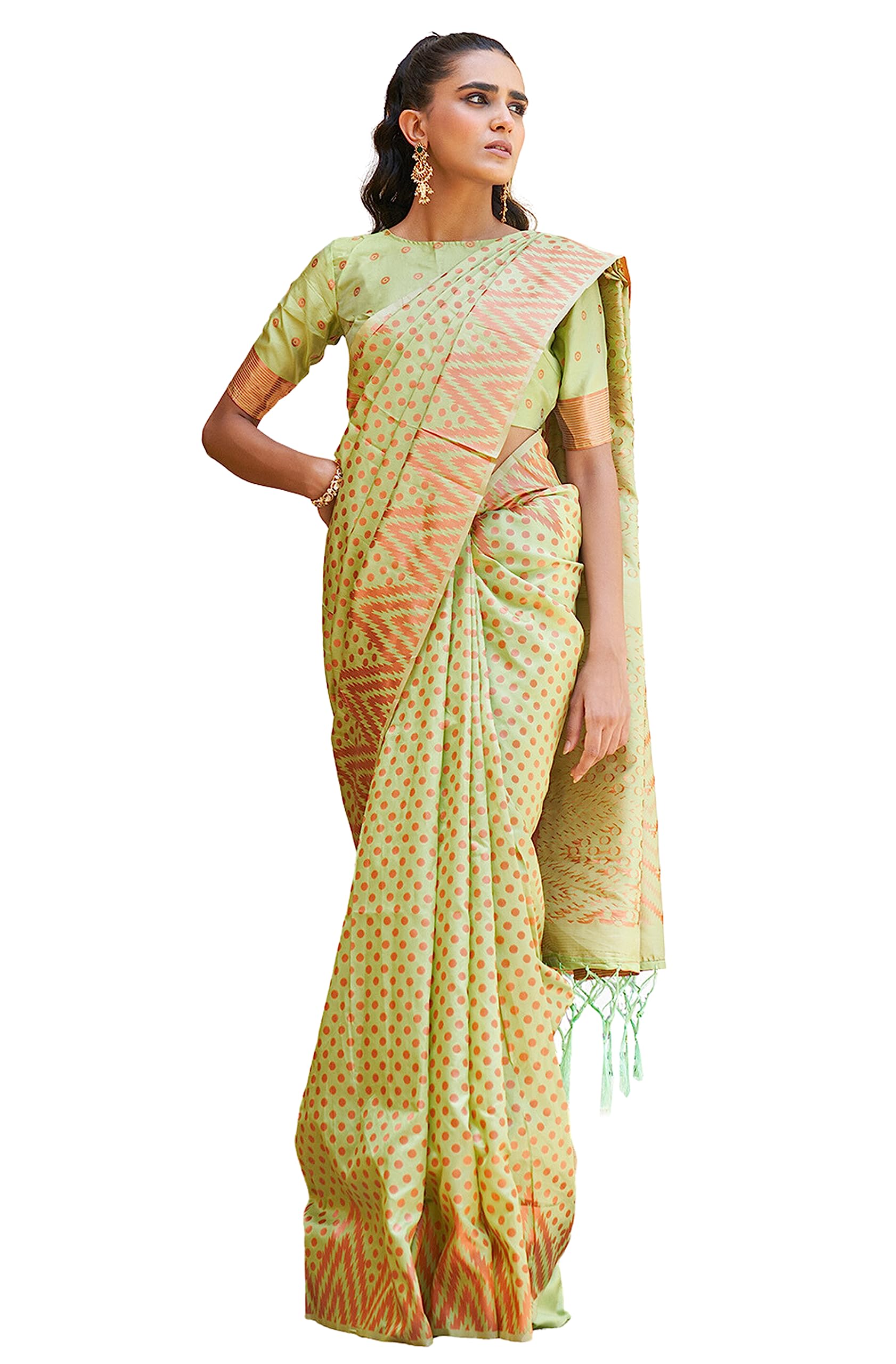 JanasyaIndian Women's Pista Green Silk Blend Woven Polka Saree with Unstitched Blouse Piece