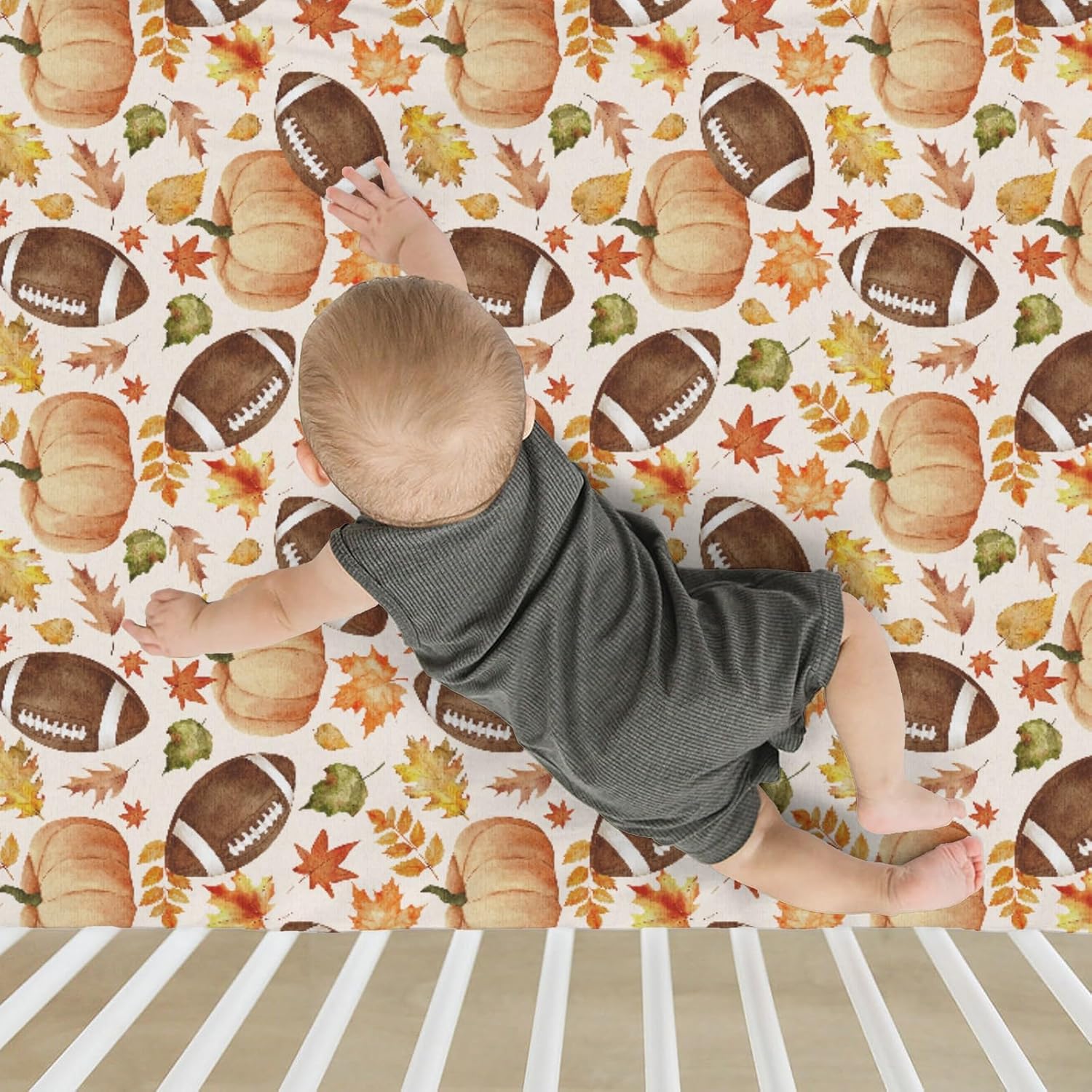 Fall Pumpkin Football Leaves Baby Crib Sheets for Boy Girl 52x28 American Football Autumn Sports Soft Snug Fitted Crib Mattress Cover Thanksgiving Baby Sheet for Standard Crib & Toddler Bed Mattress