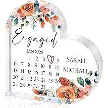 Personalized Engagement Calendar Sign Gift - Custom Heart Shaped Acrylic Block with Floral Design, Names &amp; Date - Wedding Anniversary Keepsake for Couple, Bride &amp; Groom, Romantic Gift