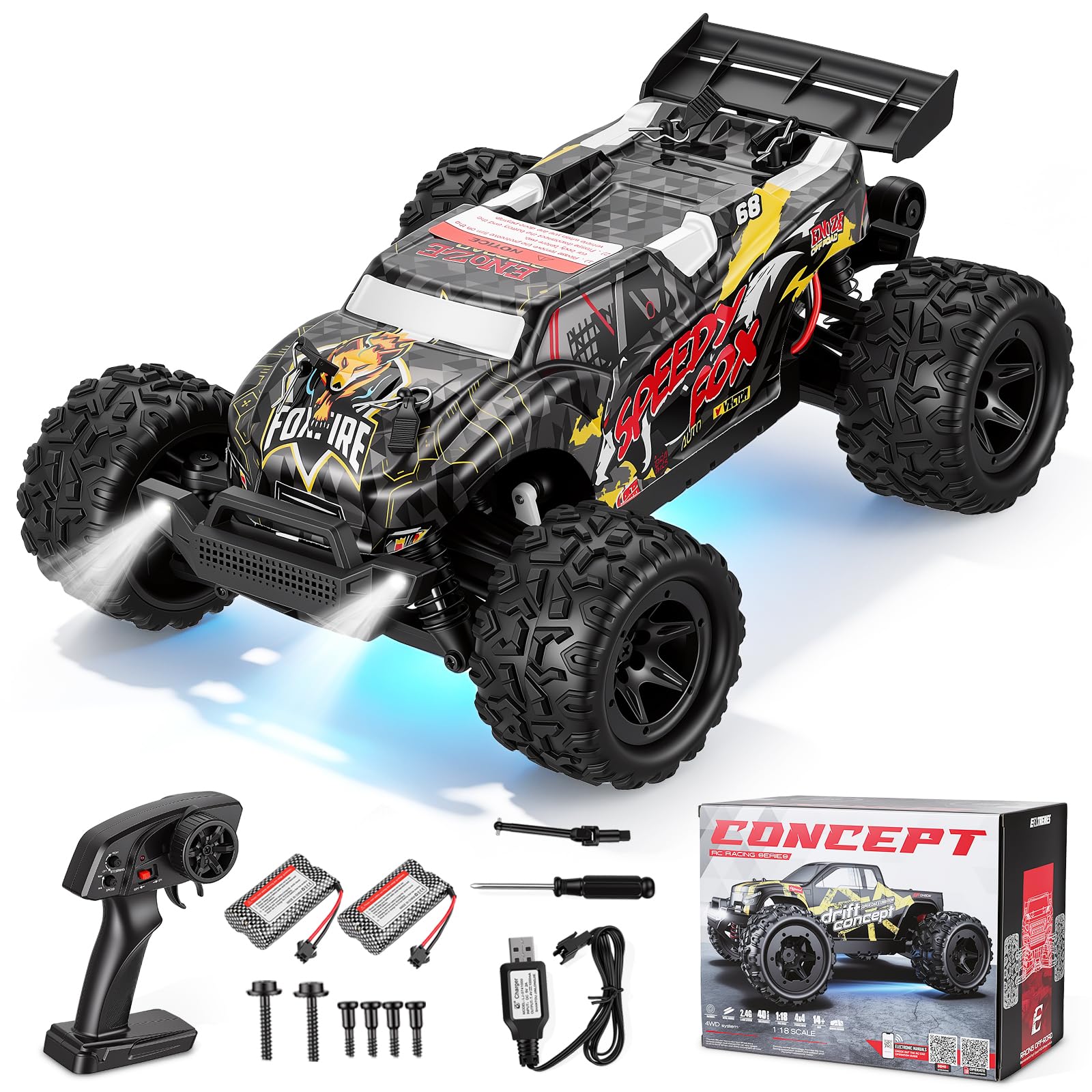 Ferngesteuertes Auto,RC-Auto im Maßstab 1:18, Allrad-Offroad-RC-Truck mit hoher Geschwindigkeit (über 40 km/h), RC-Truck mit Zwei wiederaufladbaren 1500-mAh-Akkus (Modell 9307E)