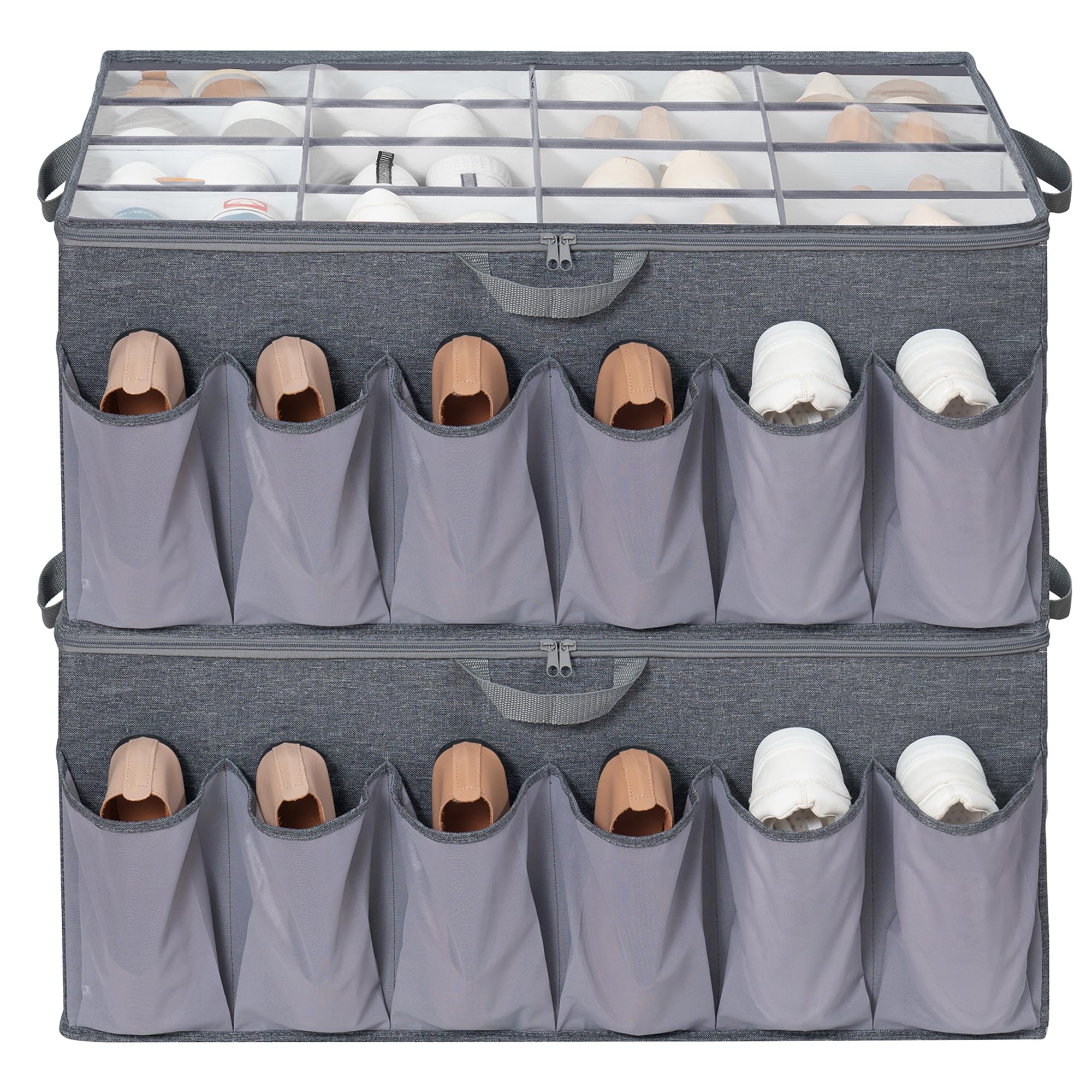 STORAGEIDEAS Shoe Organizer for Closet, Shoe Storage Solution with Clear Cover & Adjustable Dividers, Fabric Shoe Box Fits 16 +12 Pairs Shoes, Grey, 2